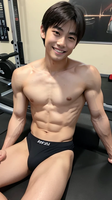 Highest quality、Highest Resolution、Japanese men、A slender but strong body trained at the gym、Smooth Skin、Anatomically correct body、Sit with your legs wide open、Smiling in a friendly manner、Relaxed atmosphere、The whole body is visible、He's showing off some cool, light blue, very revealing boxer briefs that are tight and showy.、in narrow bathroom、Very short, cropped black hair、A young handsome man who looks quite young、Place your hands behind your back