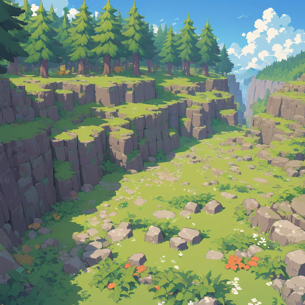 retro video game style,pixelated, vibrant colors,8-bit characters,blocky shapes,sharp lines,detailed shading,classic gaming vibe,nostalgic atmosphere,classic arcade games,masterpiece:1.2,ultra-detailed,illustration style, 2d texture, 3/4th perspective tileable stone texture, 4 k seamless grass texture, video game texture, dirt texture, tileset, game tiles, grass, 3/4th perspective trees, 3/4th perspective tileable rock texture, 3/4th perspective forest, 3/4th perspective tileable cliff formations, trees, topdown view, game texture, tileable game art, texture, very detailed 3/4th perspective tileable cliff texture, top down view, 3/4th perspective