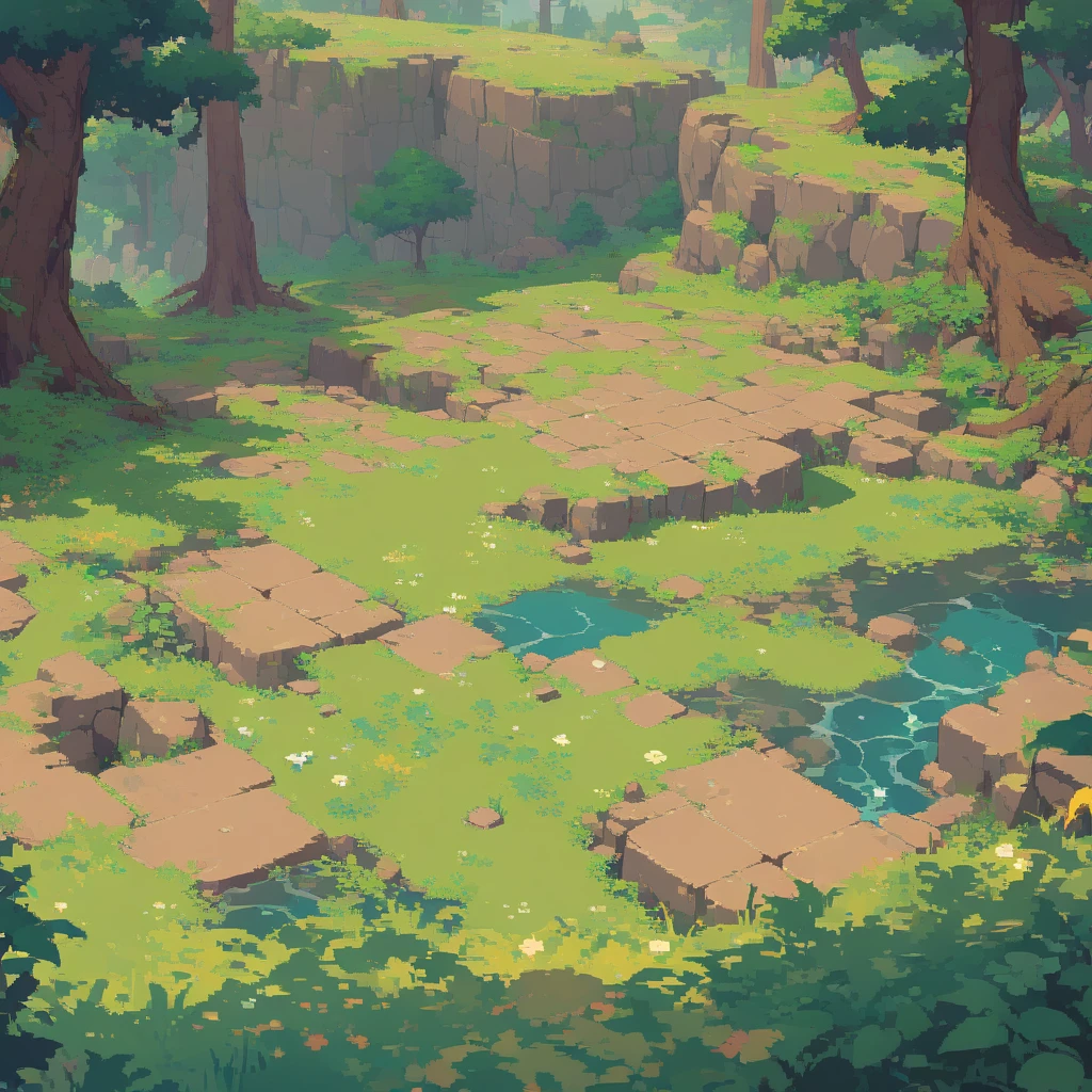 retro video game style,pixelated, vibrant colors,8-bit characters,blocky shapes,sharp lines,detailed shading,classic gaming vibe,nostalgic atmosphere,classic arcade games,masterpiece:1.2,ultra-detailed,illustration style, 2d texture, 3/4th perspective tileable stone texture, 4 k seamless grass texture, video game texture, dirt texture, tileset, game tiles, grass, 3/4th perspective trees, 3/4th perspective tileable rock texture, 3/4th perspective forest, 3/4th perspective tileable cliff formations, trees, topdown view, game texture, tileable game art, texture, very detailed 3/4th perspective tileable cliff texture, top down view, 3/4th perspective