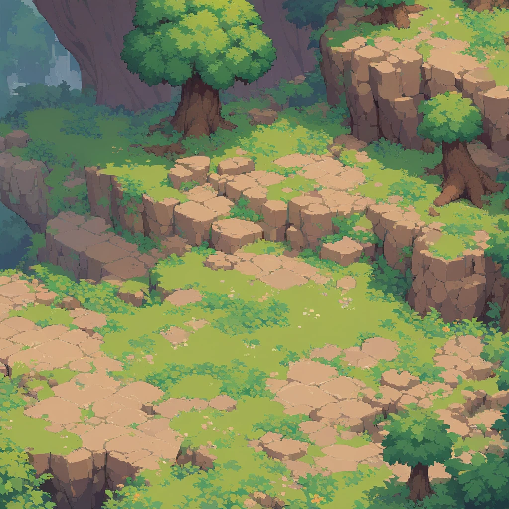 retro video game style,pixelated, vibrant colors,8-bit characters,blocky shapes,sharp lines,detailed shading,classic gaming vibe,nostalgic atmosphere,classic arcade games,masterpiece:1.2,ultra-detailed,illustration style, 2d texture, 3/4th perspective tileable stone texture, 4 k seamless grass texture, video game texture, dirt texture, tileset, game tiles, grass, 3/4th perspective trees, 3/4th perspective tileable rock texture, 3/4th perspective forest, 3/4th perspective tileable cliff formations, trees, topdown view, game texture, tileable game art, texture, very detailed 3/4th perspective tileable cliff texture, top down view, 3/4th perspective