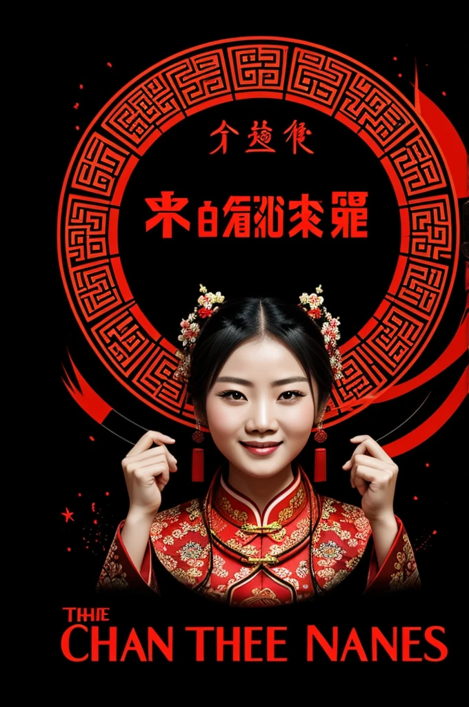 Image with the theme of Chinese culture, with a black and red background, including the phrase "Happiness has no end"