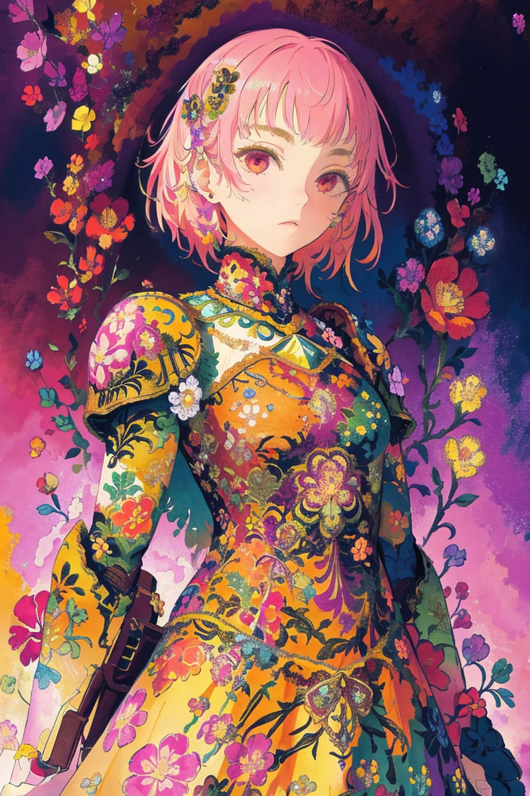 woman, flower dress, colorful, epic background,flower armor, multicolor theme, millions of colors theme, psychedelic style, camouflage pattern:0.5