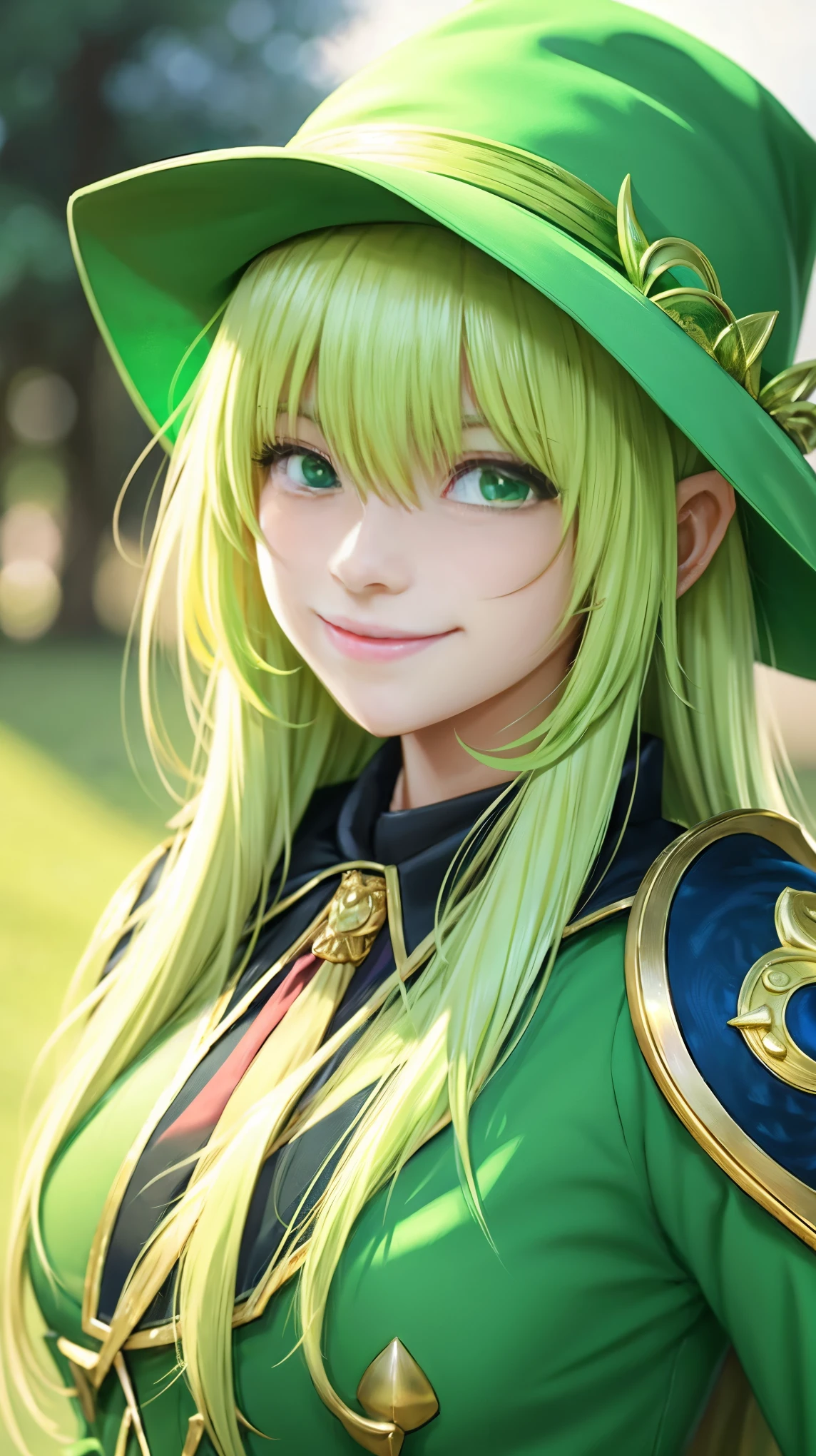 Anime girl in green witch hat and green witch outfit, Blonde, extremely detailed art gelm, Gwaiz, art gelm and atey ghailan, marisa kirisame, art gelm. High detail, Cunning Smile, Close-up portrait of a magician, art gelm detailed, stanley art gelm lau