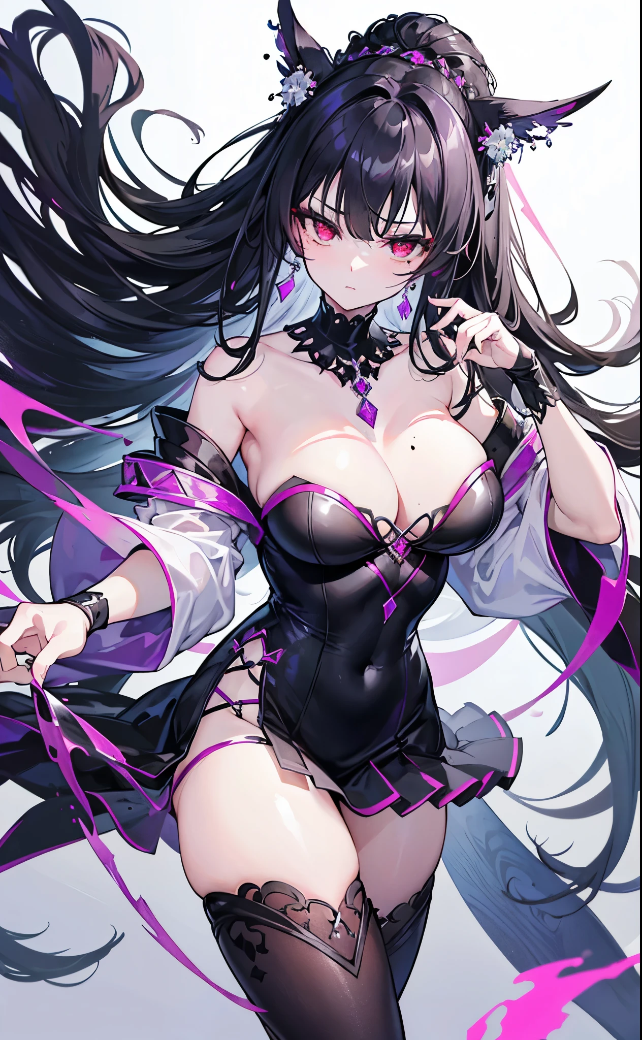 Thick black hair,Big Wave,Beautiful, provocative, and delicate deep red eyes,A look of contempt for everything,figure火辣的姐儿,Especially bold and flamboyant,There are beauty moles,Wearing black tights,Silver Necklace,The feeling of the entertainment queen,The body is fluorescent,十分Stunning,Beautiful,Perfect face、figure,Purple crystal necklace,Particularly clear、Stunning、pure、A little dark,A very character,A female sea king who is like a femme fatale