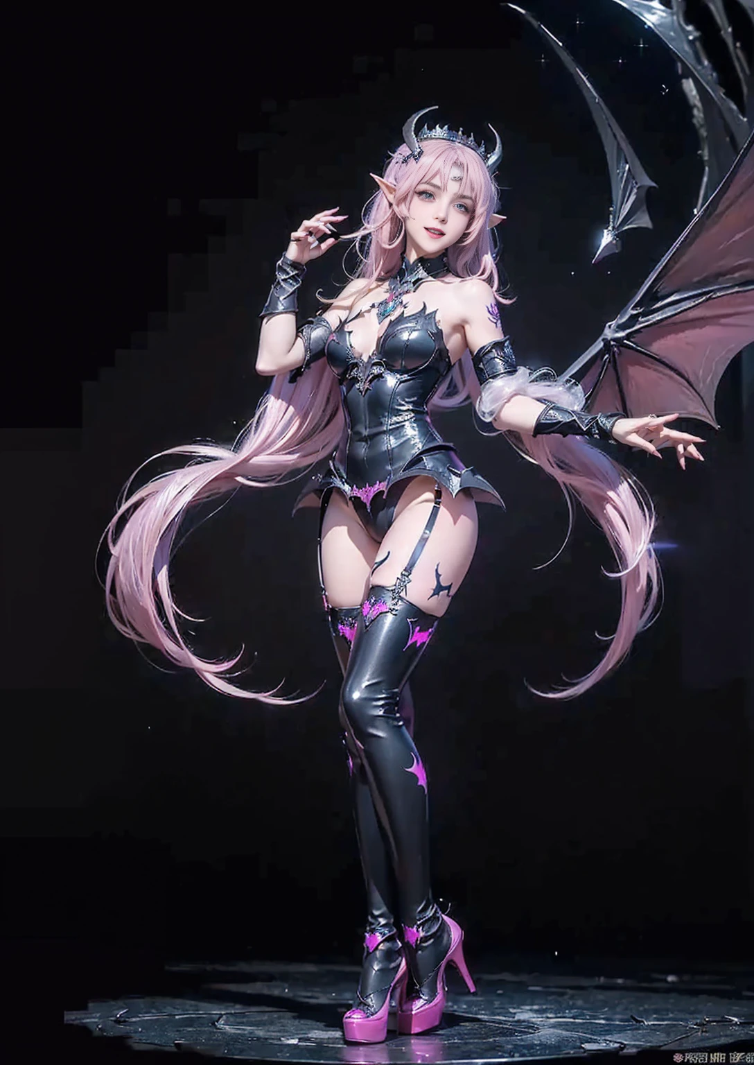 best quality, masterpiece,ultra detailed, official art,(extremely detailed CG unity 8k
wallpaper), (masterpiece), best quality, illustration, (powerful), art oflight, artist style, beautiful detailed star sky,(((bat print black kneehighs ))), (cygames:1.4), (dark flame:1.3), Japanese light novel cover, grand scene, dark bodysuit,((fullbody)),((succubus tail)),
(beautiful detailedgirl), (((solo))),(((full body))),wet skin, (((demon queen))),
metal, complex pattern, beautiful detailed hair,red luminous eyes, longeyelashes,
((constricted pupils)),pointy ears, slit pupils,silver long hair,beautiful collarbone , (purple tattoo), (tattoo on leg), tattoo on arm, luminous gem on chest,(demon heart tail),demon fang, pointy ears,
((purple long fingernails)),(bat decorate soft armor), ((bat decorate high heels)),giant bat wings,(fingerless_gloves), bat print black garter belt, (elbow_gloves),fang out, a group of
bats, ((endured_face, open mouth, seductive smile, )),lingerie,
bat decorateanklet,bat decorate body,(presenting foot), (luminous tattoo),(queen),useing magical, (beautiful detalied hands), nfsw, (((pink steam from full body ))), ((2legs)) , ((neck biting)),(standing:1.3)