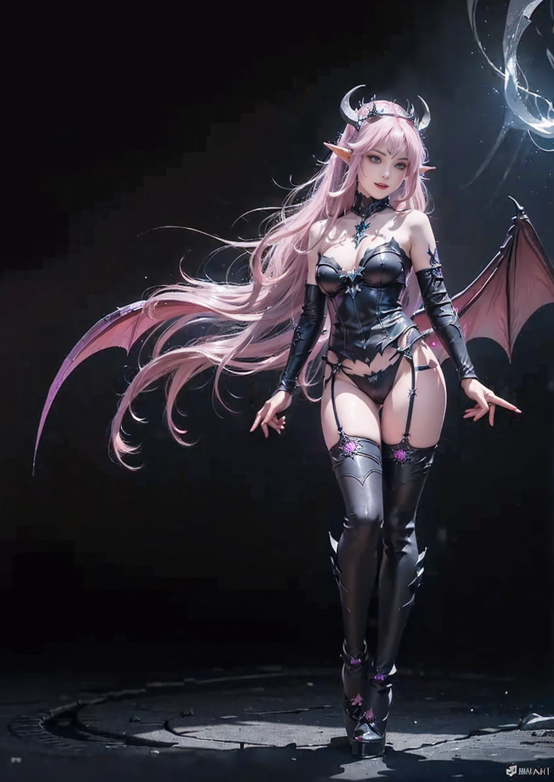 best quality, masterpiece,ultra detailed, official art,(extremely detailed CG unity 8k
wallpaper), (masterpiece), best quality, illustration, (powerful), art oflight, artist style, beautiful detailed star sky,(((bat print black kneehighs ))), (cygames:1.4), (dark flame:1.3), Japanese light novel cover, grand scene, dark bodysuit,((fullbody)),((succubus tail)),
(beautiful detailedgirl), (((solo))),(((full body))),wet skin, (((demon queen))),
metal, complex pattern, beautiful detailed hair,red luminous eyes, longeyelashes,
((constricted pupils)),pointy ears, slit pupils,silver long hair,beautiful collarbone , (purple tattoo), (tattoo on leg), tattoo on arm, luminous gem on chest,(demon heart tail),demon fang, pointy ears,
((purple long fingernails)),(bat decorate soft armor), ((bat decorate high heels)),giant bat wings,(fingerless_gloves), bat print black garter belt, (elbow_gloves),fang out, a group of
bats, ((endured_face, open mouth, seductive smile, )),lingerie,
bat decorateanklet,bat decorate body,(presenting foot), (luminous tattoo),(queen),useing magical, (beautiful detalied hands), nfsw, (((pink steam from full body ))), ((2legs)) , ((neck biting)),(standing:1.3)