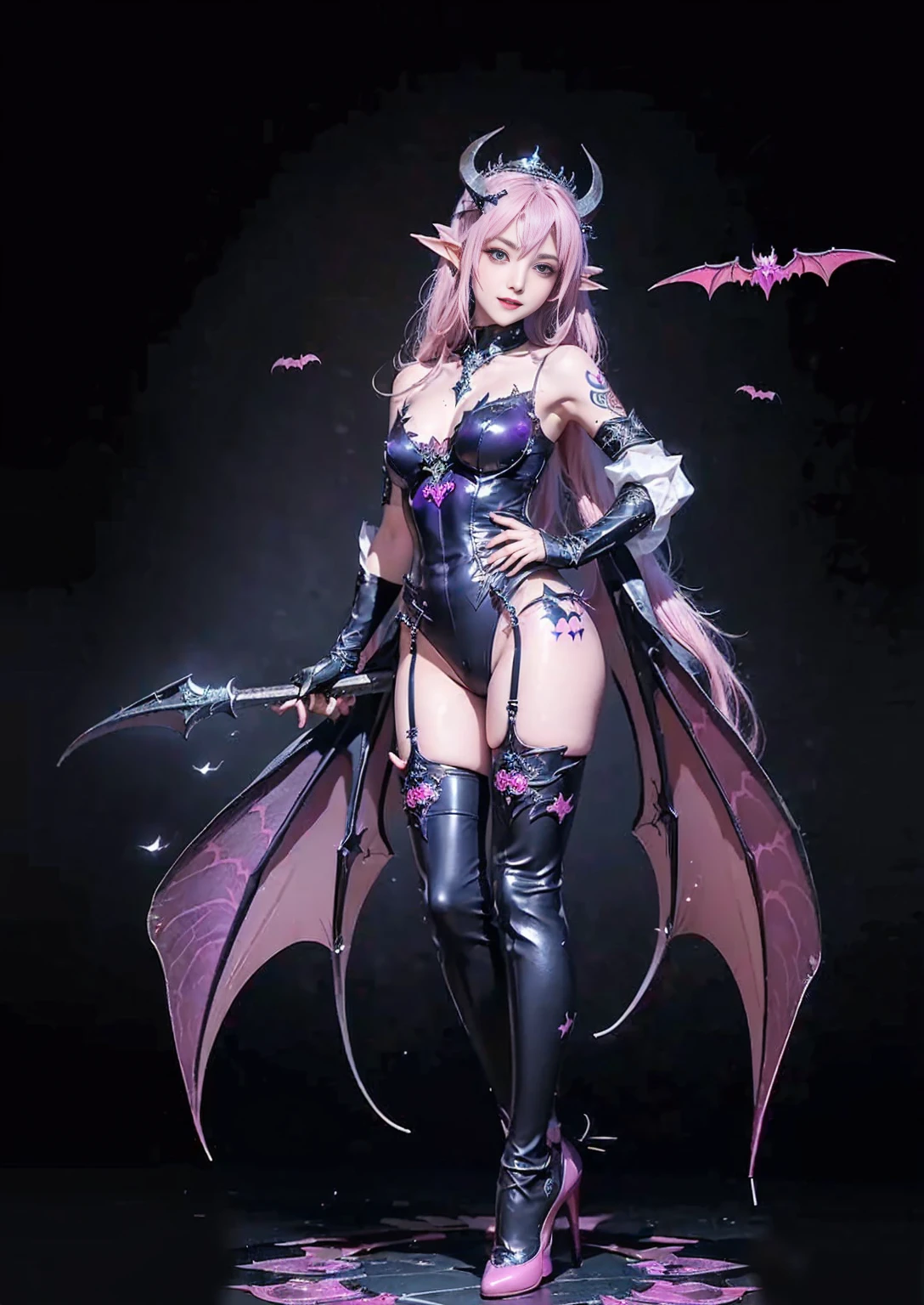 best quality, masterpiece,ultra detailed, official art,(extremely detailed CG unity 8k
wallpaper), (masterpiece), best quality, illustration, (powerful), art oflight, artist style, beautiful detailed star sky,(((bat print black kneehighs ))), (cygames:1.4), (dark flame:1.3), Japanese light novel cover, grand scene, dark bodysuit,((fullbody)),((succubus tail)),
(beautiful detailedgirl), (((solo))),(((full body))),wet skin, (((demon queen))),
metal, complex pattern, beautiful detailed hair,red luminous eyes, longeyelashes,
((constricted pupils)),pointy ears, slit pupils,silver long hair,beautiful collarbone , (purple tattoo), (tattoo on leg), tattoo on arm, luminous gem on chest,(demon heart tail),demon fang, pointy ears,
((purple long fingernails)),(bat decorate soft armor), ((bat decorate high heels)),giant bat wings,(fingerless_gloves), bat print black garter belt, (elbow_gloves),fang out, a group of
bats, ((endured_face, open mouth, seductive smile, )),lingerie,
bat decorateanklet,bat decorate body,(presenting foot), (luminous tattoo),(queen),useing magical, (beautiful detalied hands), nfsw, (((pink steam from full body ))), ((2legs)) , ((neck biting)),(standing:1.3)