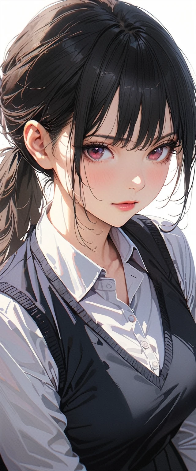 20 years old,1 mature woman,hyperrealistic, 8k, (extremely detailed 8k), (very delicate and beautiful), (masterpiece), (better quality:1.0), (ultra high resolution:1.0), (masterpiece, best quality),cute,black hair,ponytail,POV,white background,realistic skin,collared shirt, pleated skirt,