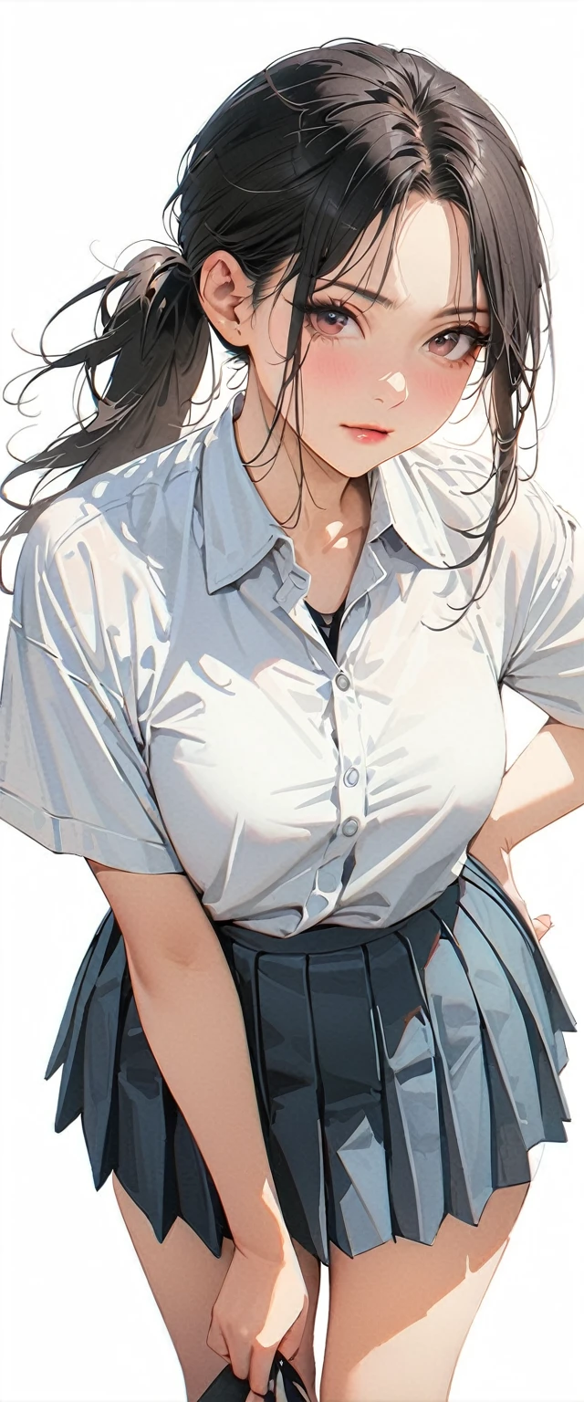 20 years old,1 mature woman,hyperrealistic, 8k, (extremely detailed 8k), (very delicate and beautiful), (masterpiece), (better quality:1.0), (ultra high resolution:1.0), (masterpiece, best quality),cute,black hair,ponytail,POV,white background,realistic skin,collared shirt, pleated skirt,