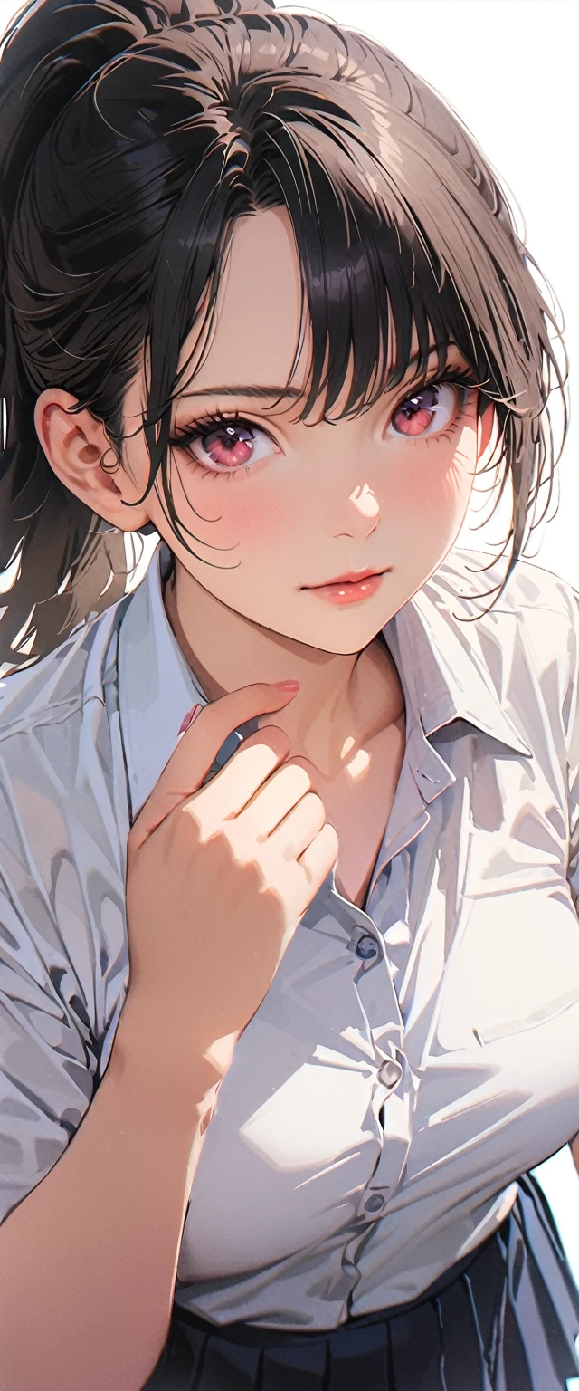 20 years old,1 mature woman,hyperrealistic, 8k, (extremely detailed 8k), (very delicate and beautiful), (masterpiece), (better quality:1.0), (ultra high resolution:1.0), (masterpiece, best quality),cute,black hair,ponytail,POV,white background,realistic skin,collared shirt, pleated skirt,