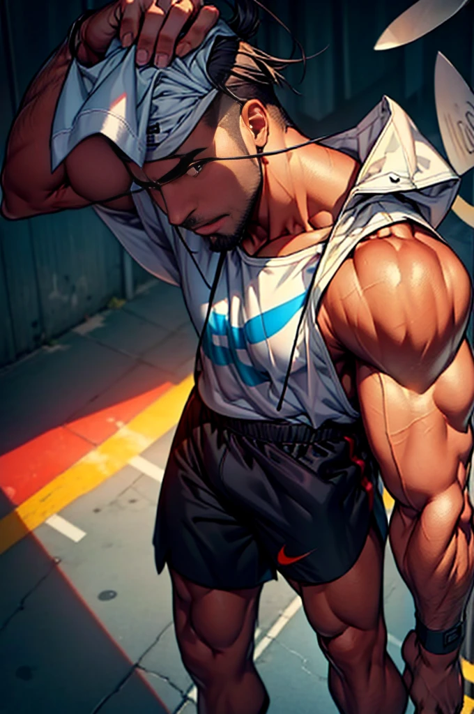 Basketball clothes,Basketball clothes上号码是八号,Nike shorts,White socks,No shoes,Full body portrait,Stretch your hands outward,Dark skin,Dark Skin,Solitary,individual,Brown skin,(Facing the audience),(muscular),Farther distance,The camera looks down from a high place, male, Huge body,The character is a burly man,Dynamic Action,Light from above,Clothes show shoulders,Clean face,Lift his head,Keep your eyes open,