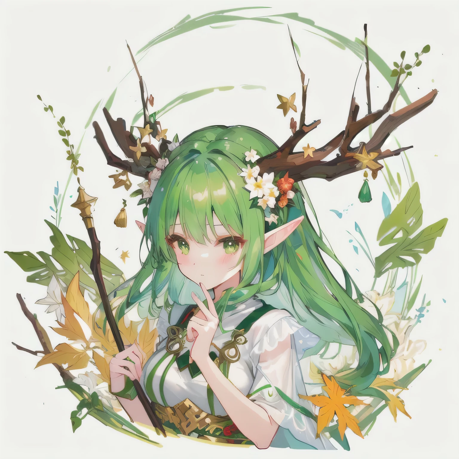 Close-up of cartoon character holding stick, Elf Queen of the Summer Forest, forest hunter lady, Forest tree spirit, Maple Story Character Art, Elf girl in floral suit, female forest archer, Deer Horned God, Red Cliff, Goddess of mischief, Strange Elven Features, Druid Goddess, Nature Druid, Elf Character, Girl design lush corner, Druid