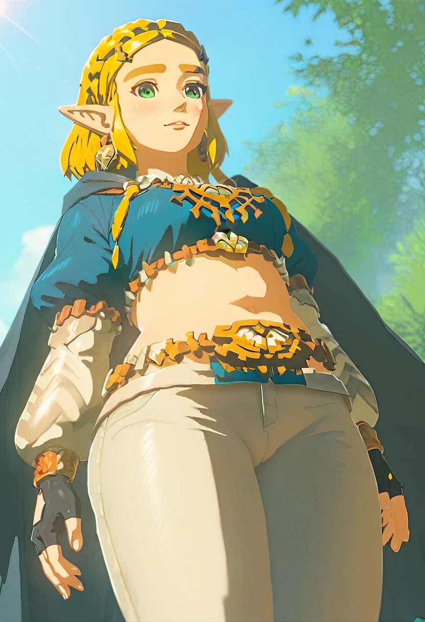 jambes grasses, gros seins, (extremely fine and beautiful:1.1), (perfect details:1.1), (finely detailed eyes and detailed face:1.3), solo, Princess Zelda, narrow hips, slender thighs, small ears, pointy ears, braid, hair ornament, hairclip, gloves, fingerless gloves, blue shirt, shirt, long sleeves, crown braid, bangs, pants, black gloves, green eyes, parted bangs, black pants, blonde hair, short hair, long hair, cape, sidelocks, hood, thick eyebrows, jewelry, hooded cape, belt, tight pants, tight, puffy sleeves, belly fat, belly hang, love handles, from below, close up,   (lonely lost path)