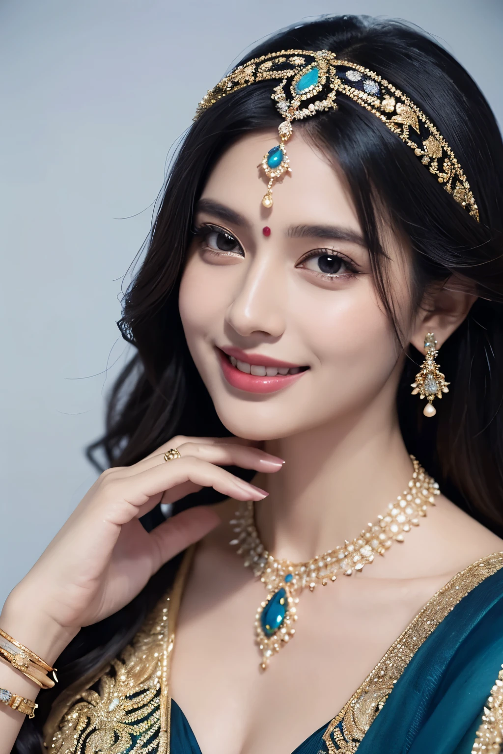 Woman wearing sari with necklace, goddess beauty, happy smile, intricate suit, decorated with precious stones, wearing elegant jewelry with intricate details, intricate outfit, face front of black and blue jewelry, top notch intricate detailed jewelry, hand jewelry model images, close up portrait, intricate beauty, intricate jewelry.