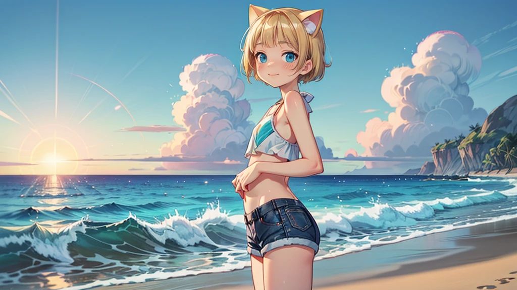 smile,ピンクのSwimwearの上半身、Denim shorts、Turquoise Eyes、Cat ear、Absurd, Ultra-detailed,Bright colors,(solo),(From the side:1.2),(View your viewers:1.5) (Short blonde hair:1.2),Shiny Hair,(ピンクのSwimwear:1.5),Denim shorts,Delicate and beautiful face, blush、(Deep blue eyes:1.4), White skin, (物憂げなsmile:1.3),Beautiful Clouds,(Standing on the beach, looking to the side with a sad expression:1.3),look at the sea and sunset,At sunset,Waves crashing on the beach,sunlight,Light on the face、Cat ear、Belly button、Turquoise Eyes、Swimwear