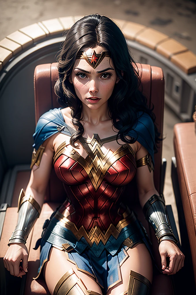 Wonder Woman from the cinema, her mummified body sitting on a chair