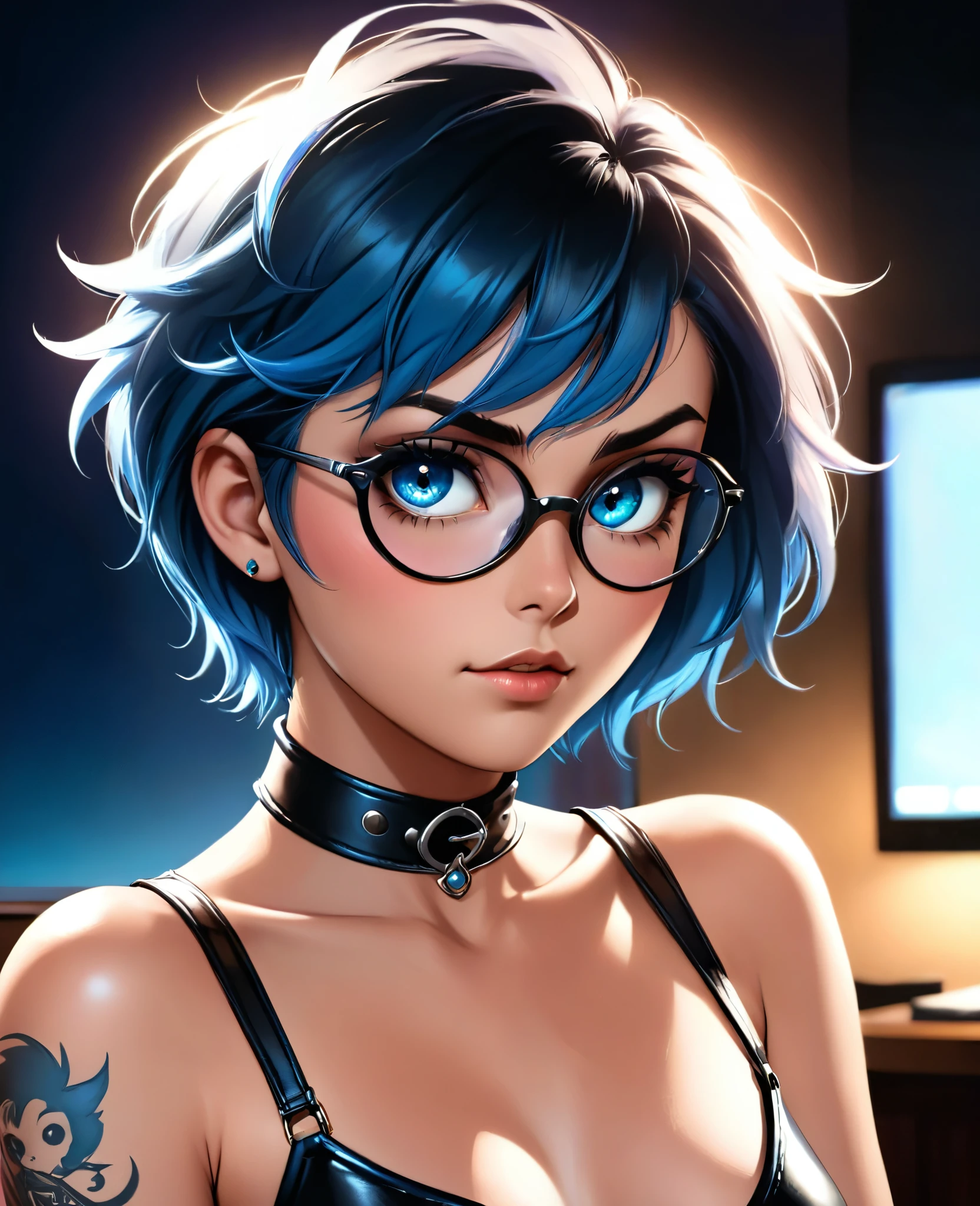 (In style of the 80s and 90s). anime female character, short colored hair, blue eye color, wearing sunglasses, short leather skirt, black tattoo on neck , in the hack room, digital painting "lighting": "dramatic moonlight, deep shadows", "resolution": "8K, ultra-detailed", (not close-up portrait)