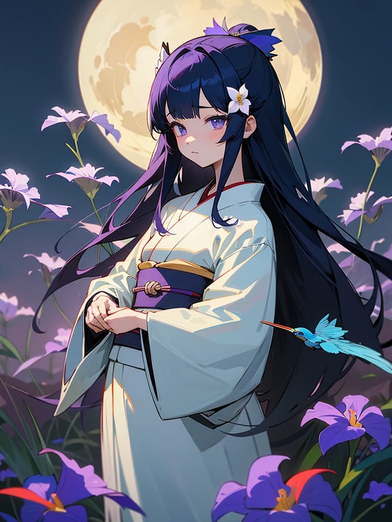 Anime illustration、In any case, draw according to the promptasterpiece、Highest quality、One girl、Long straight black hair、Hair ornament is white flower、Eye color is green、Japanese style kimono、The obi is white、The obidome has a Mizuhiki pattern.、Lots of purple iris flowers、There is a kingfisher bird、Summer evening、The thirteenth night moon is in the sky、