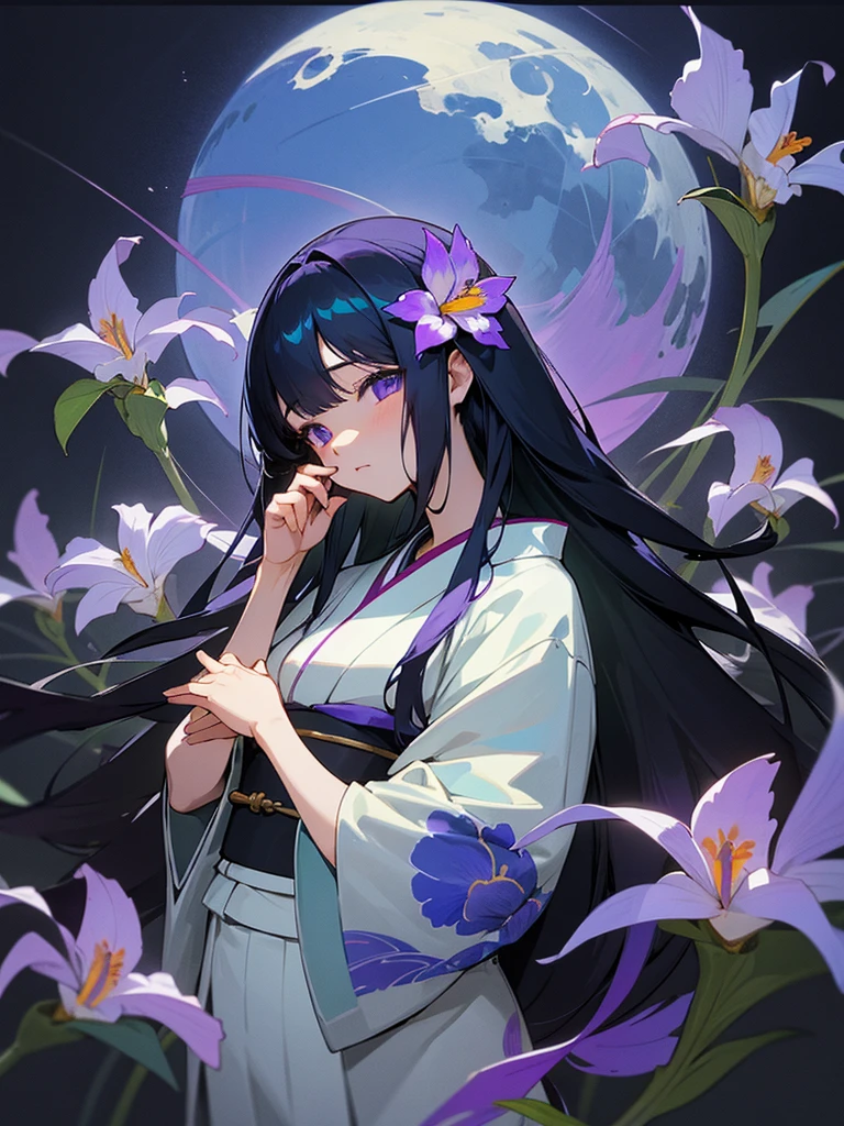 Anime illustration、In any case, draw according to the promptasterpiece、Highest quality、One girl、Long straight black hair、Hair ornament is white flower、Eye color is green、Japanese style kimono、The obi is white、The obidome has a Mizuhiki pattern.、Lots of purple iris flowers、There is a kingfisher bird、Summer evening、The thirteenth night moon is in the sky、