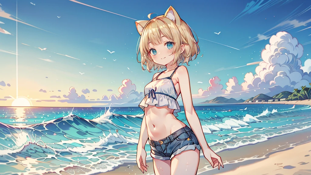 smile,ピンクのSwimwearの上半身、Denim shorts、Turquoise Eyes、Cat ear、Absurd, Ultra-detailed,Bright colors,(solo),(From the side:1.2),(View your viewers:1.5) (Short blonde hair:1.2),Shiny Hair,(ピンクのSwimwear:1.5),Denim shorts,Delicate and beautiful face, blush、(Deep blue eyes:1.4), White skin, (物憂げなsmile:1.3),Beautiful Clouds,(Standing on the beach, looking to the side with a sad expression:1.3),look at the sea and sunset,At sunset,Waves crashing on the beach,sunlight,Light on the face、Cat ear、Belly button、Turquoise Eyes、Swimwear