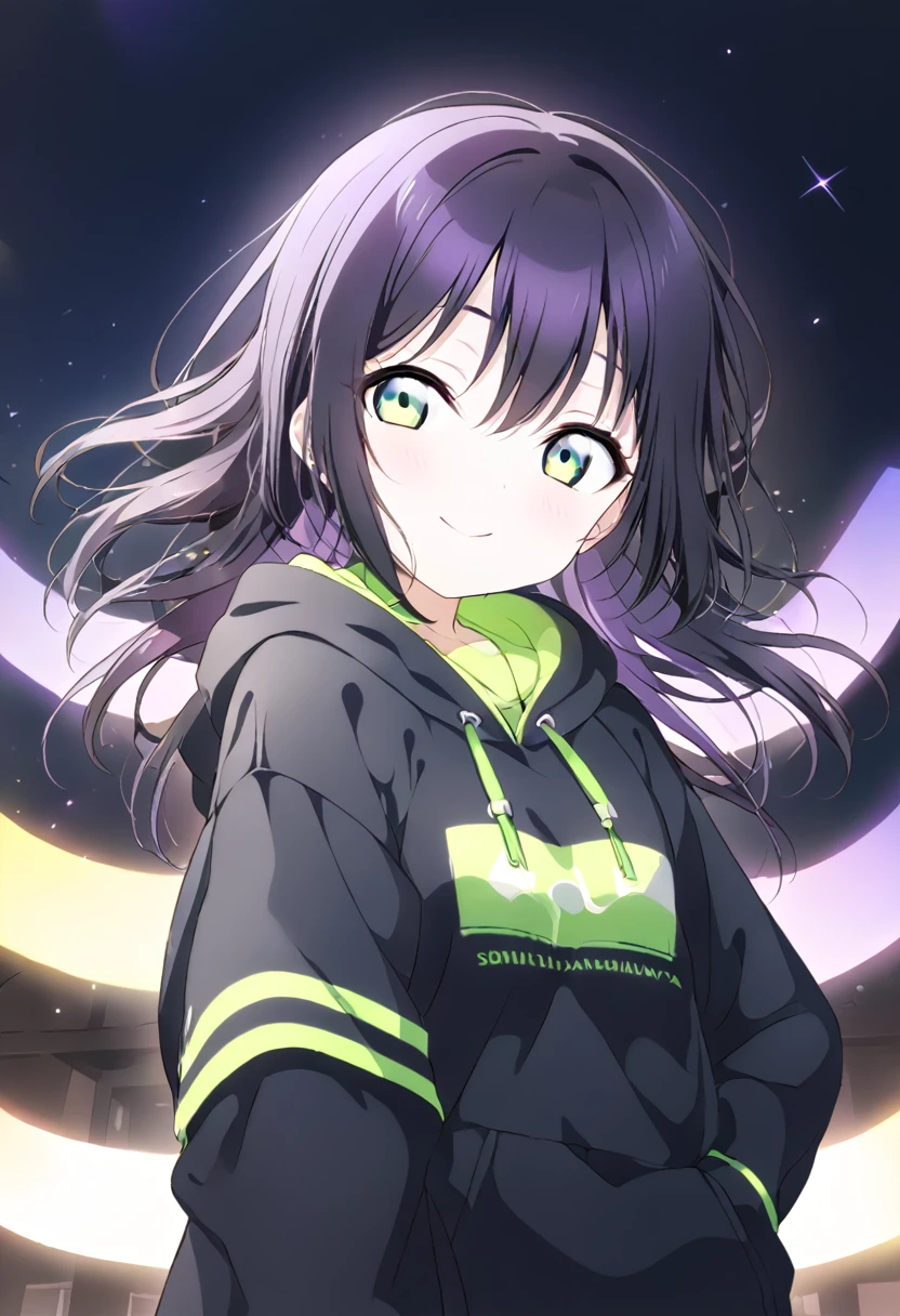 Highest quality, masterpiece,Black dark blue hair, Fluorescent yellow-green eyes,Big eyes,Black clothes, Long sleeve、Black anorak parka、Front angle、Gazing at the audience、Upper Body,hair,Fair skin,長いhair、Purple hair tips、Highest quality、最高masterpiece、smile、長いhair、Purple hair tips、Plain black clothing、Night sky background、Dark Background、Perfect Face、Cute face

