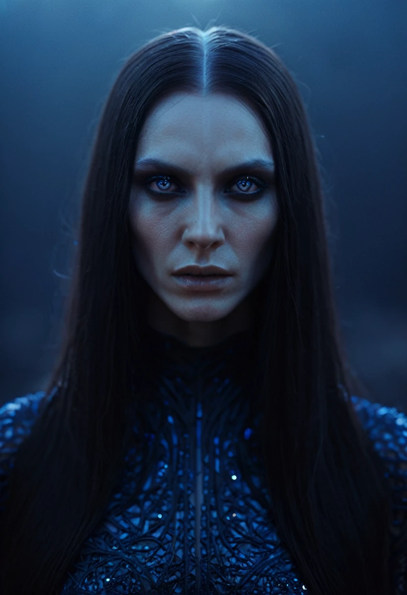 Fashionable of androgynous alien looking witch wearing veil, glowing eyes, beautiful evil slavic muscular woman, pale skin, long hair, futuristic design, minimal details, givenchy, photoreal, 200mm, hd, f/ 2.0, highly detailed, surreal , drop dead, in the style of red and blue, (intricate details, hyperdetailed:1.15) (skin texture:1.2), cinematic, professional, 4k, (((dynamic model pose))), sitting, full body, mesmerizing, dynamic, dramatic, sensual, dynamic pose, highly detailed skin with hair, subcutaneous veins, light and shadow play, highly detailed,24mm photograph, film, bokeh, professional, 4k,