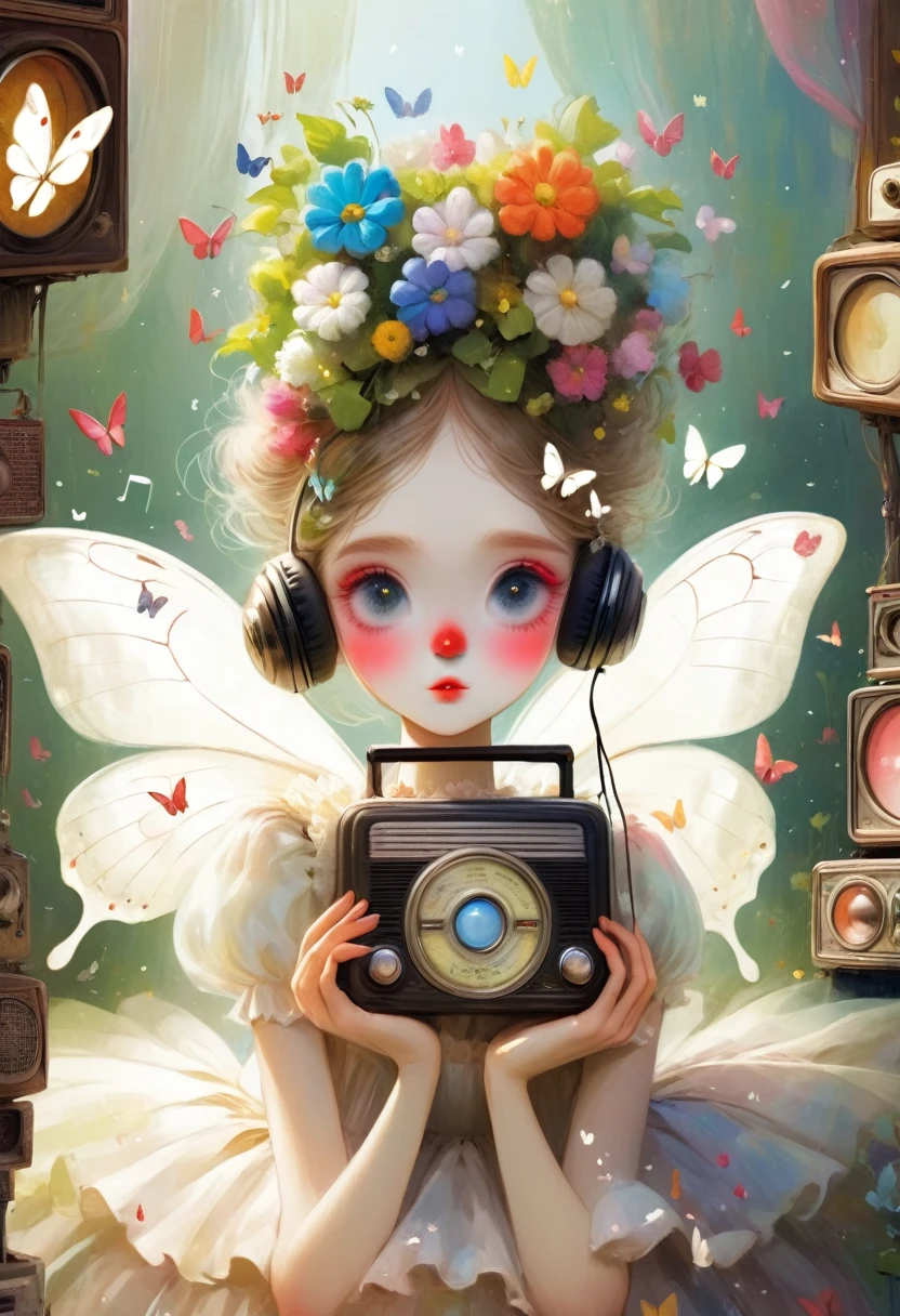 big eyes,A girl in a skirt and a clown hat sits on an old radio that plays music, White butterflies fluttering on her face,