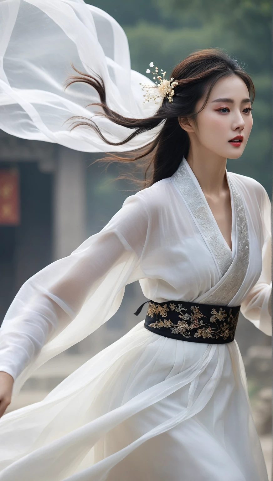 beautiful Korean woman, (((Mikamaria))), (motion blur:1.3), abnormally stunning beautiful face, black and white close-up,woman in intricate pure white hanbok dress, Flying in the air like a Chinese movie ,spinning frantically, translucent tingling air particles on dress hem,in ancient china, professional fashion photography,UHD, 4k, 8k
