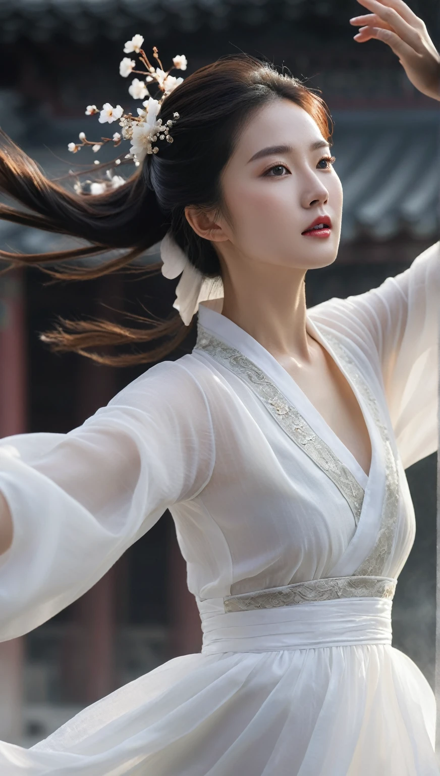 beautiful Korean woman, (((Mikamaria))), (motion blur:1.3), abnormally stunning beautiful face, black and white close-up,woman in intricate pure white hanbok dress, Flying in the air like a Chinese movie ,spinning frantically, translucent tingling air particles on dress hem,in ancient china, professional fashion photography,UHD, 4k, 8k