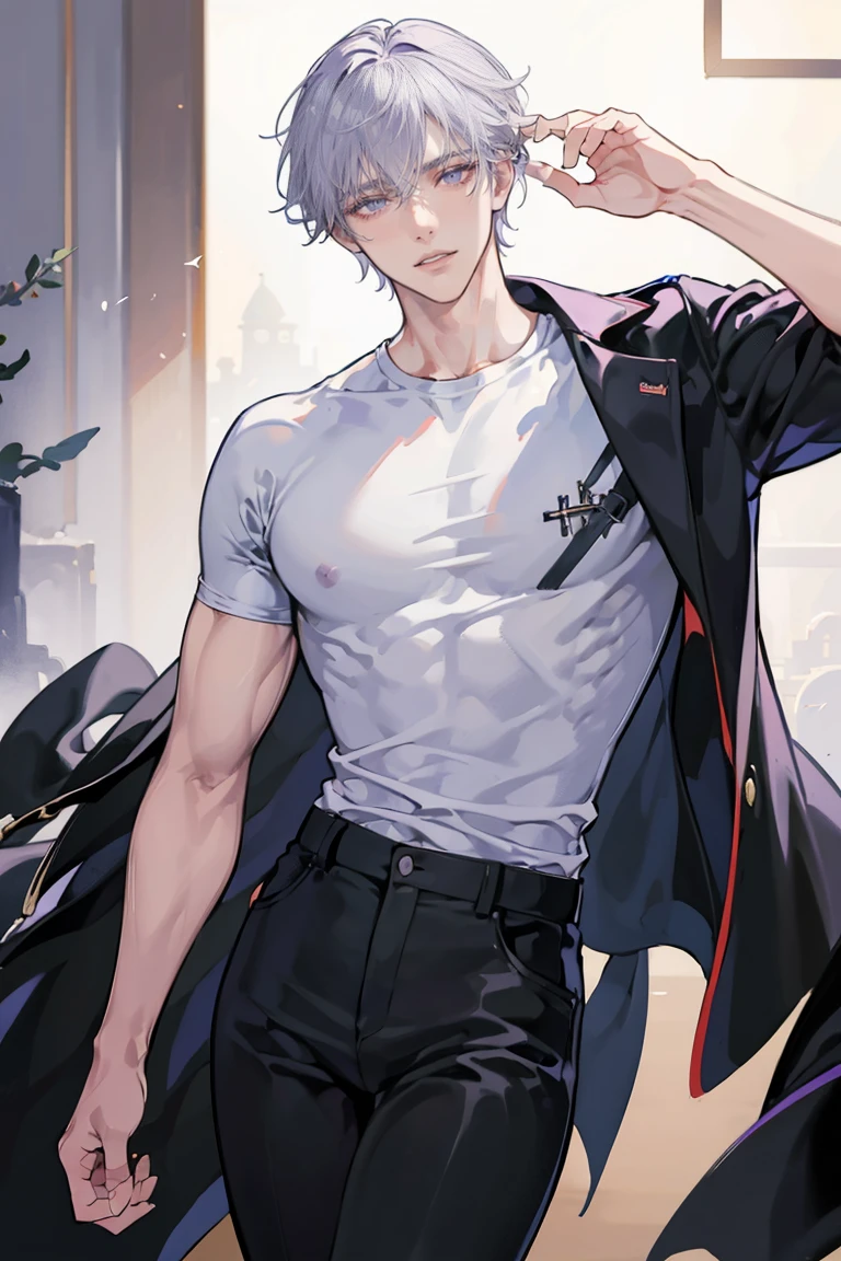 anime - (masterpiece), best quality, seductive eyes, perfect face, mature face, purple eyes, middle part haircut, short length white hair, black t-shirt, black pants, tall man, long legs, masculine, broad shoulders, big muscles