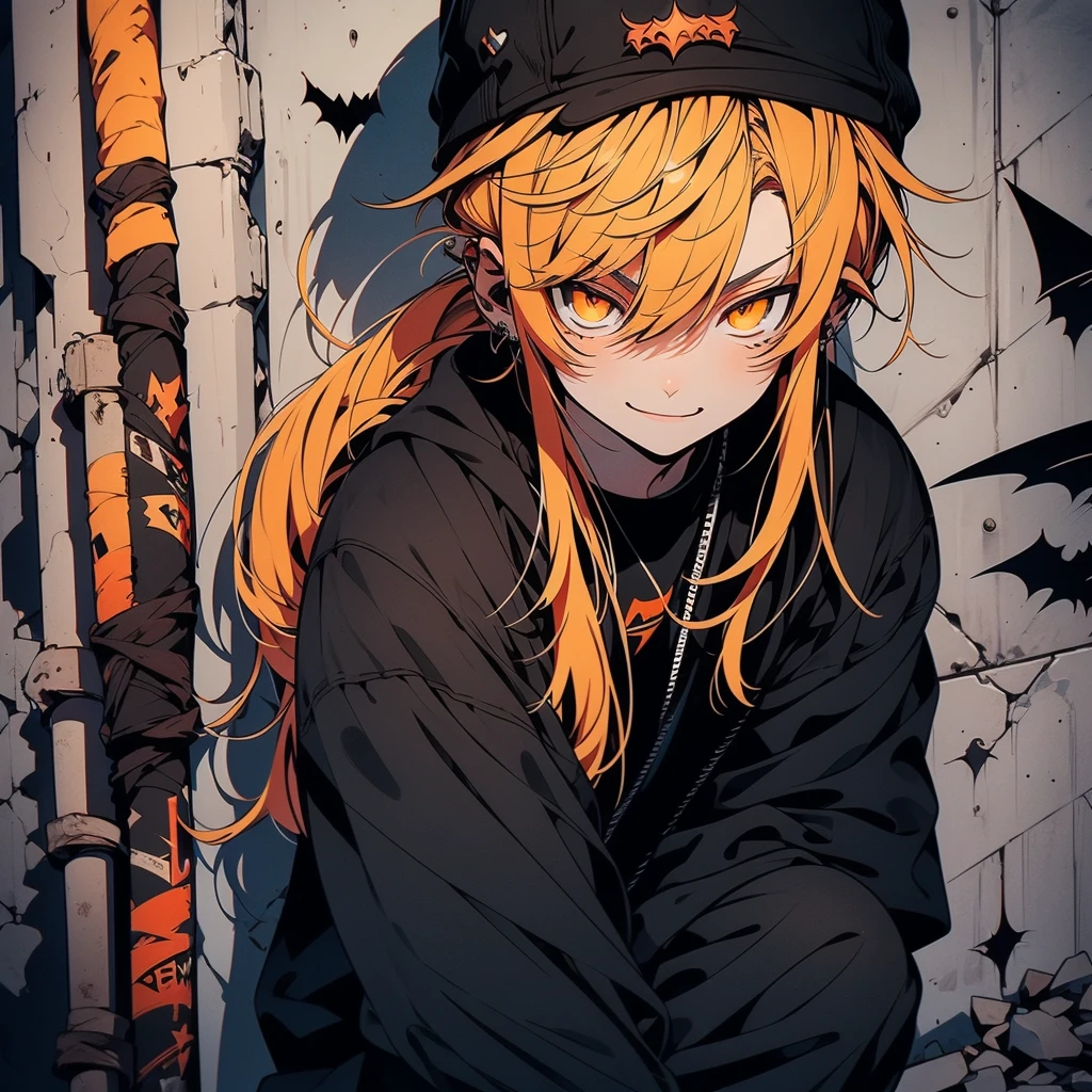 Beautiful young man, poneyTail、yellow Hair, long hair, Long Cut Eye, Orange Eyes, Evil smile, black rock costume, piece sign, Stick out your tongue, Beautiful, Handsome, Cool, Handsome, Concrete wall on background, Overhead view, Crouching, Smirk, High quality, amount of drawing, pixiv illustration