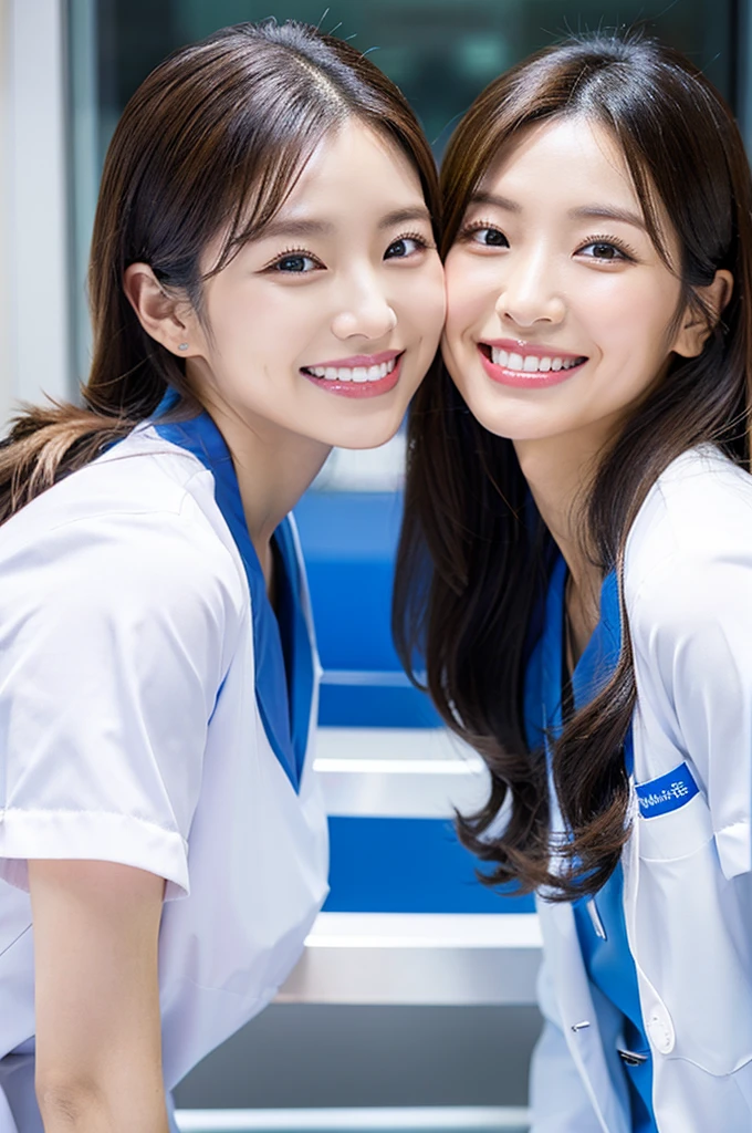 Dental hygienist, only two women 横並び smile Whiteの医療スクラブ着用 日本人 黒髪 20代前半女性 Upper body close-up high resolution high resolution Highest quality smile Photo shoot in the hospital White Nurse uniform