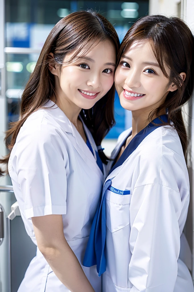 Dental hygienist, only two women 横並び smile Whiteの医療スクラブ着用 日本人 黒髪 20代前半女性 Upper body close-up high resolution high resolution Highest quality smile Photo shoot in the hospital White Nurse uniform
