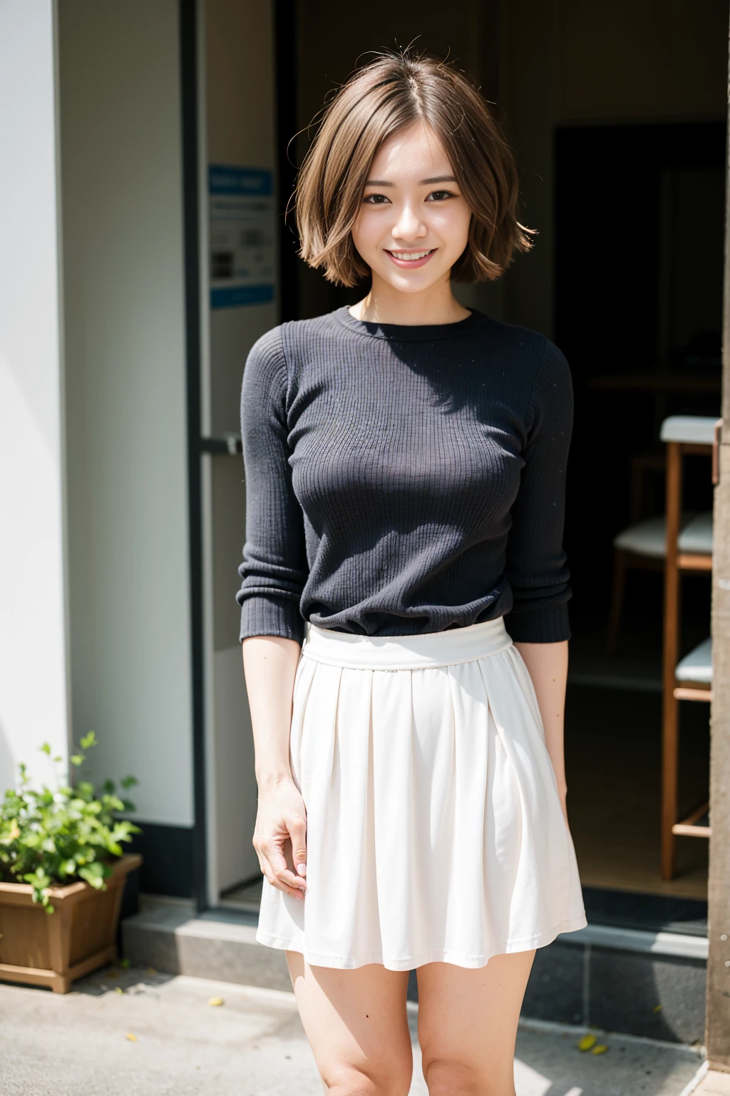 Top quality, 1 beautiful woman, super short Hair, gold hair, wearing skirt, shy-smile, Sunlight, at Flower Garden