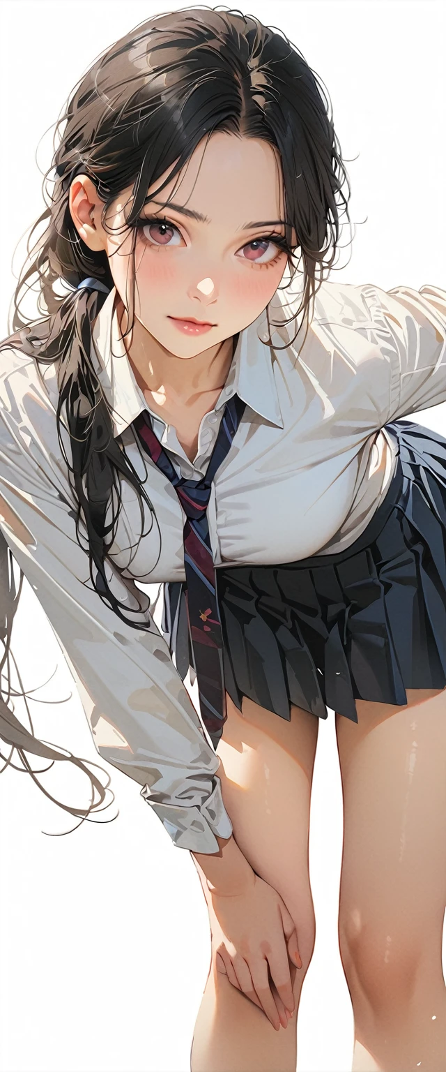 20 years old,1 mature woman,hyperrealistic, 8k, (extremely detailed 8k), (very delicate and beautiful), (masterpiece), (better quality:1.0), (ultra high resolution:1.0), (masterpiece, best quality),cute,black hair,ponytail,full body,white background,realistic skin,collared shirt, pleated skirt,leaning forward