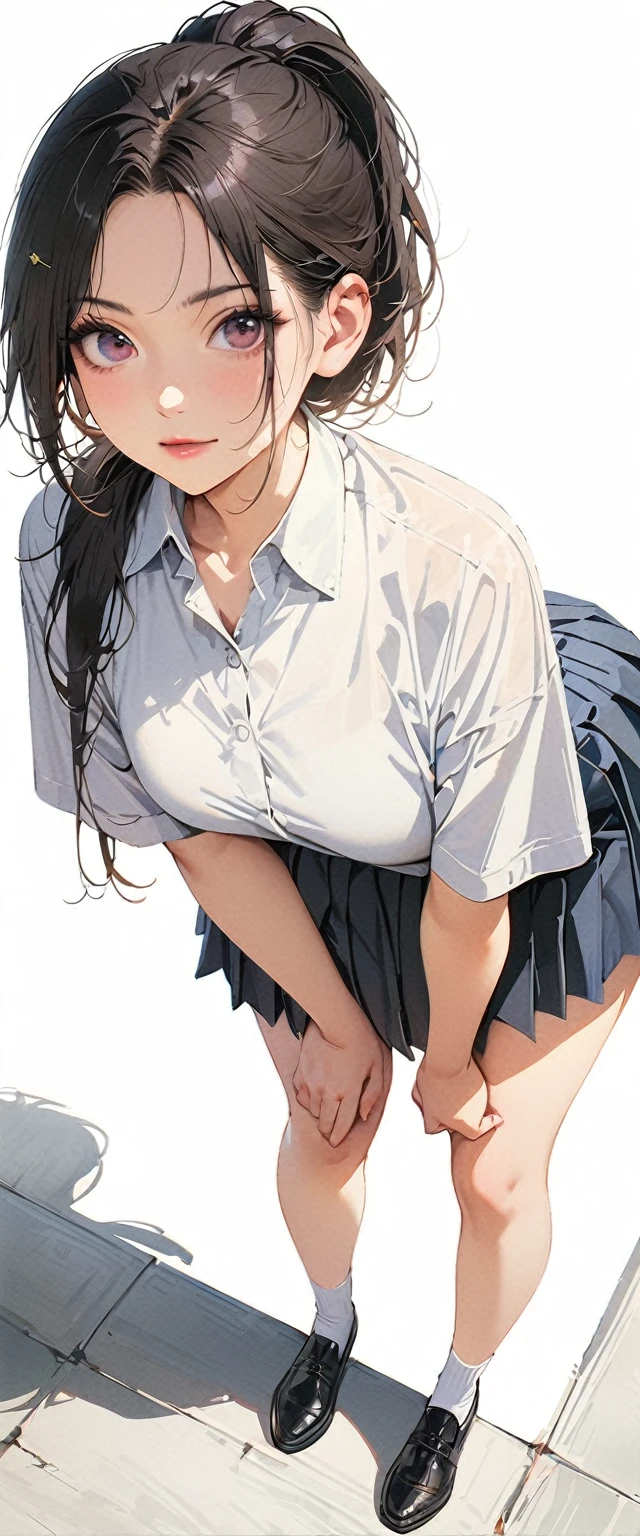 20 years old,1 mature woman,hyperrealistic, 8k, (extremely detailed 8k), (very delicate and beautiful), (masterpiece), (better quality:1.0), (ultra high resolution:1.0), (masterpiece, best quality),cute,black hair,ponytail,full body,white background,realistic skin,collared shirt, pleated skirt,leaning forward