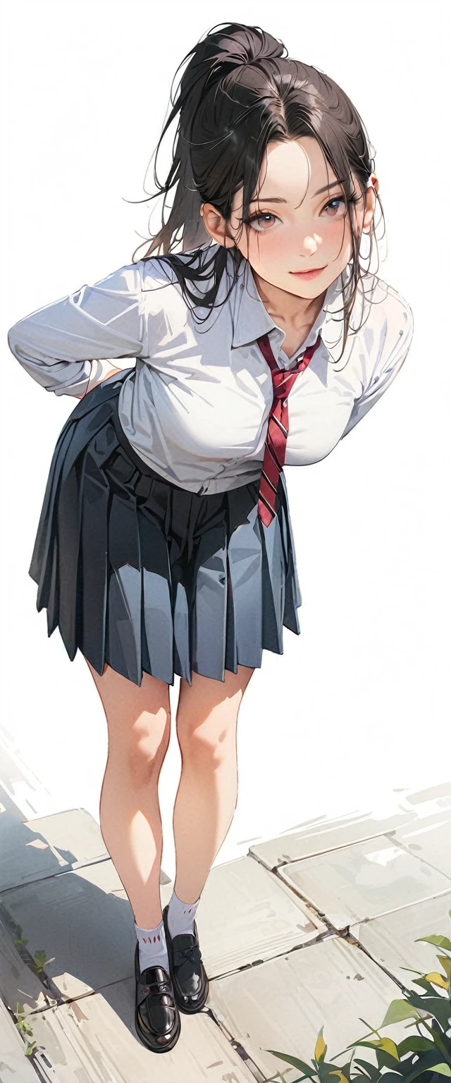 20 years old,1 mature woman,hyperrealistic, 8k, (extremely detailed 8k), (very delicate and beautiful), (masterpiece), (better quality:1.0), (ultra high resolution:1.0), (masterpiece, best quality),cute,black hair,ponytail,full body,white background,realistic skin,collared shirt, pleated skirt,leaning forward