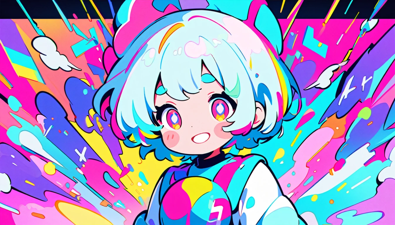 Vibrant art,pop、bright、colorful, 1 female, Light blue hair, short hair、Happy,cute, animation style, kawaii, clearly, colorful cyberpunk, bubblegum pop, cute、Pink and light blue as main colors、I'm cheering loudly、 Headphonesをしている、Headphoneusic、buzzer、buzzer, tropical,