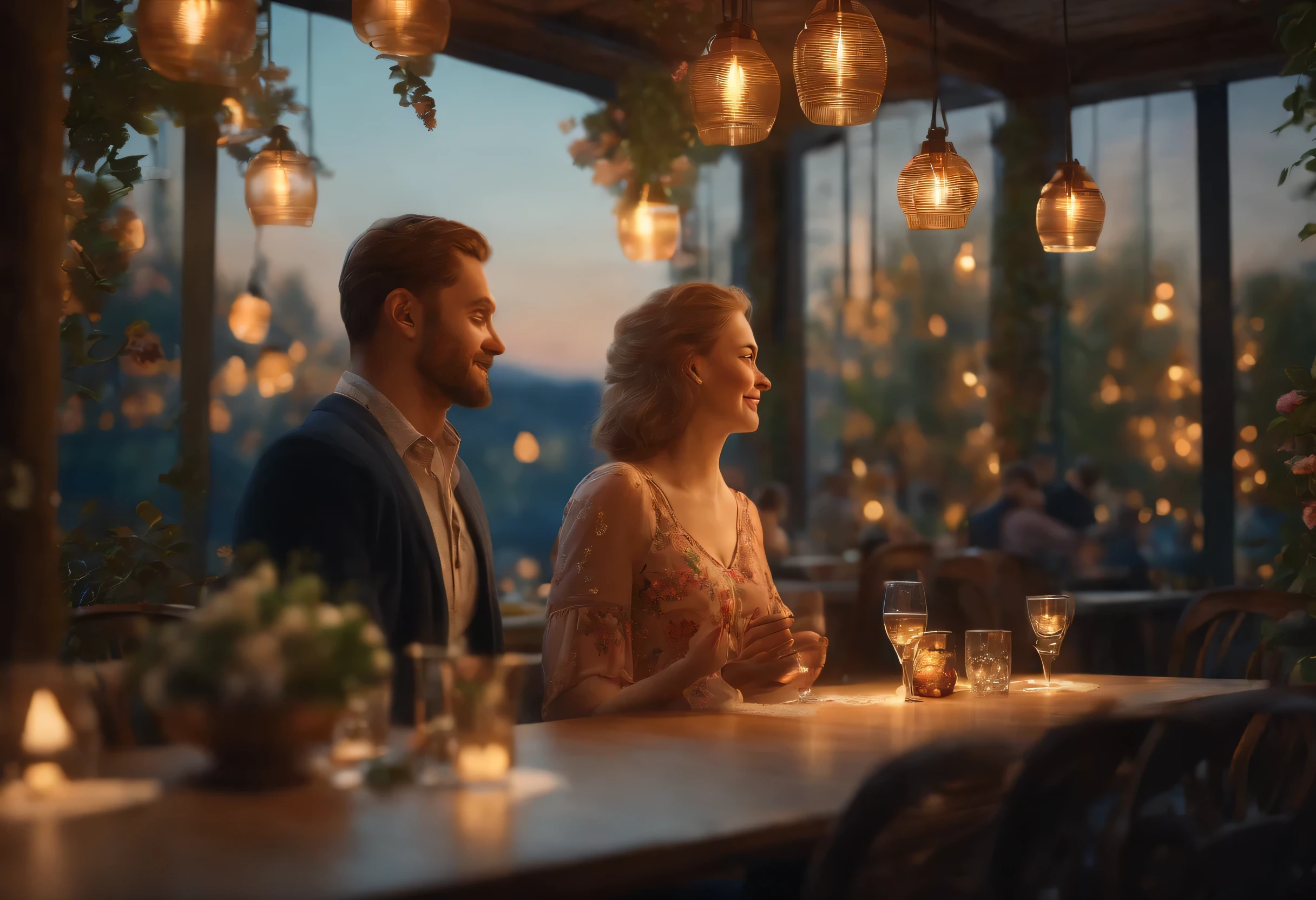 A man and a woman of Slavic appearance in a small cozy restaurant, Evening, sunset, hanging flowers, ((the woman is a little plump)),in a beautiful feminine dress, Man in shirt and trousers, slim with glasses,they smile and look at each other. ultra detailed, hyperrealism, Best quality, 8 k
