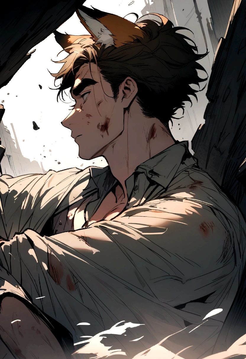 man, thick eyebrows, handsome, short hair, fox ears, injured, body 