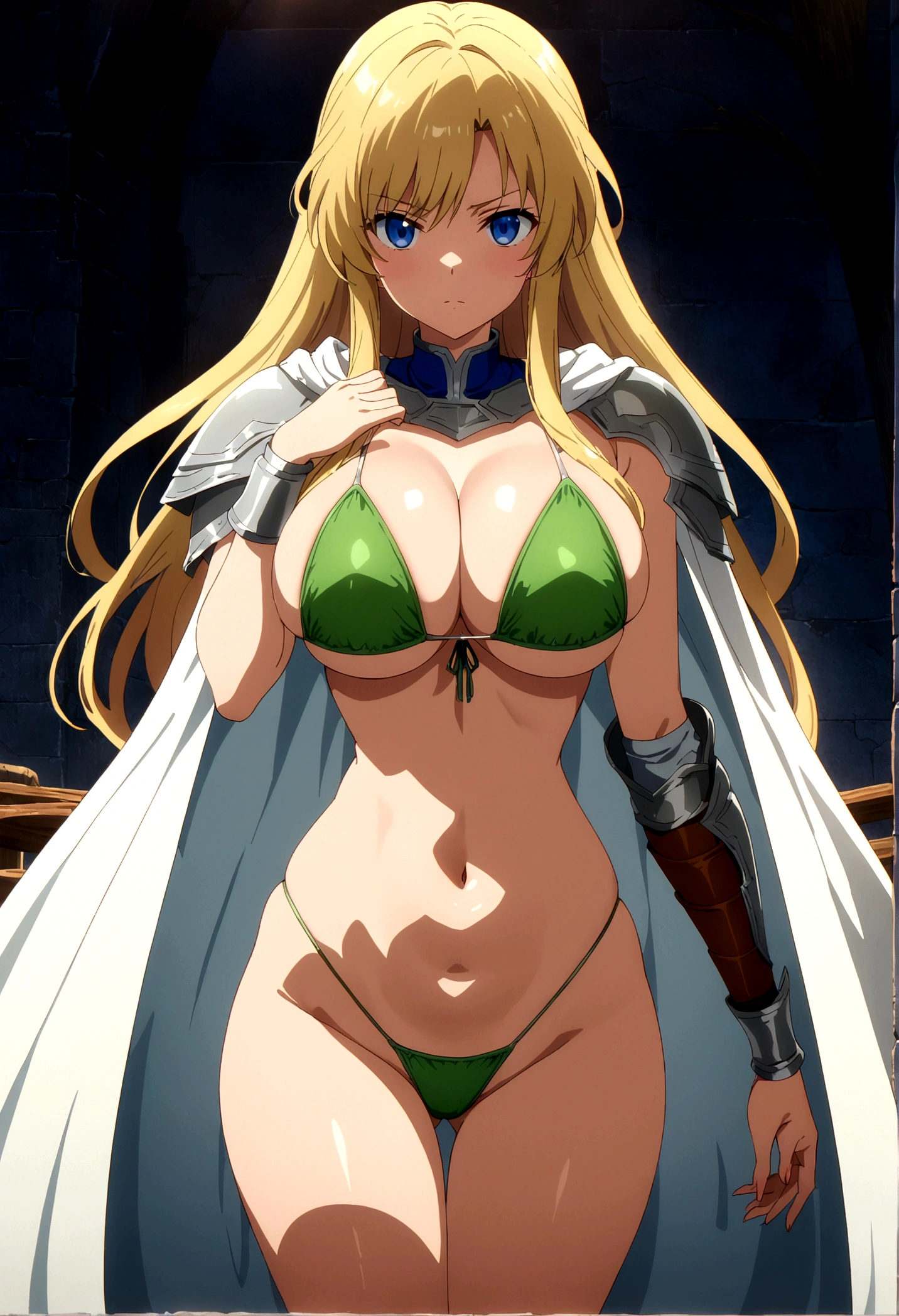 score_9, score_8_up, score_7_up,,BREAK source_anime, from front, breast high view,straight-on,standing,,medium shot,looking_at_viewer,1girl, celes chere, final fantasy.blonde hair, blue eyes, (ultra micro bikini,green bikini),large breasts,cleavage,pointy breasts,,, white cape, vambraces,bracer, very long hair, bangs, closed mouth,.tundere,,, (best quality),(aesthetic,very aesthetic),masterpiece, highres, (anime screenshot:0.5),cinematic lighting.,graceful posture,lean but curvy body, slender waist, round hips, willowy limbs,