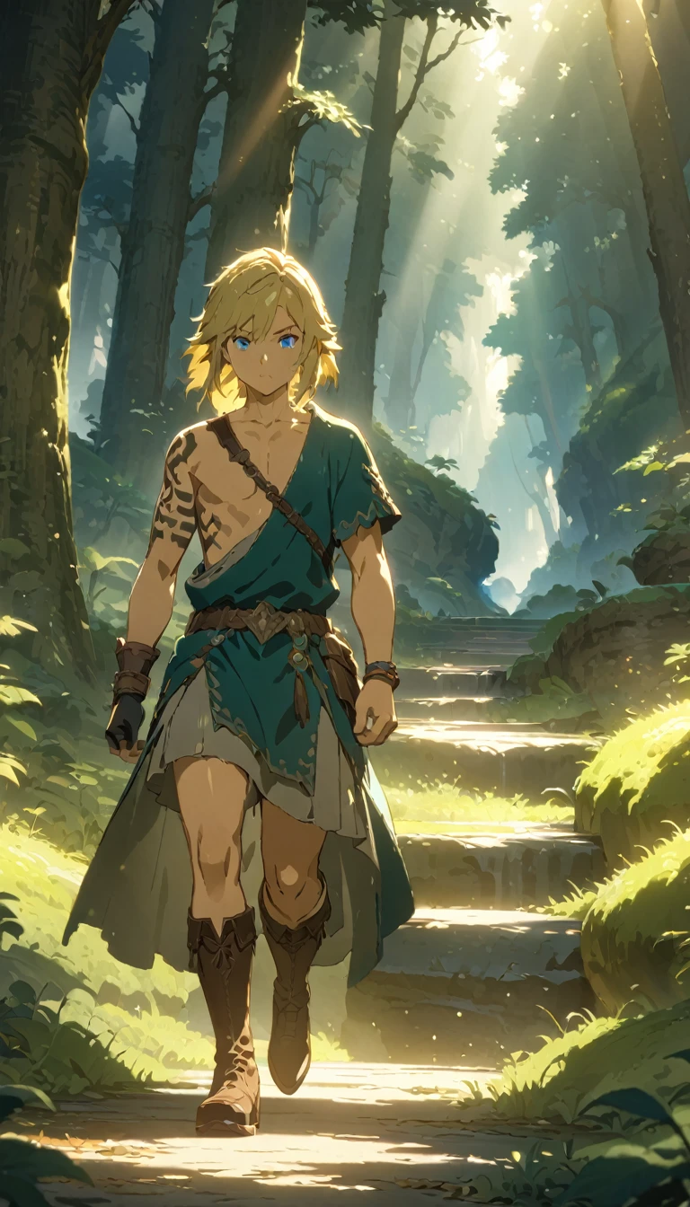 score 9, 1boy, anime artwork cartoon of 1boy like totklink wearing zonai dress, tattoo, single bare shoulder, short blond hair, holding sword, runnning, detailed blue eyes, delicate facial features, brown leather boots, standing in a lush forest landscape with towering trees, sunlight filtering through the leaves, (best quality,8k,hyper-detailed,masterpiece:1.2),cinematic lighting,fantasy,digital painting