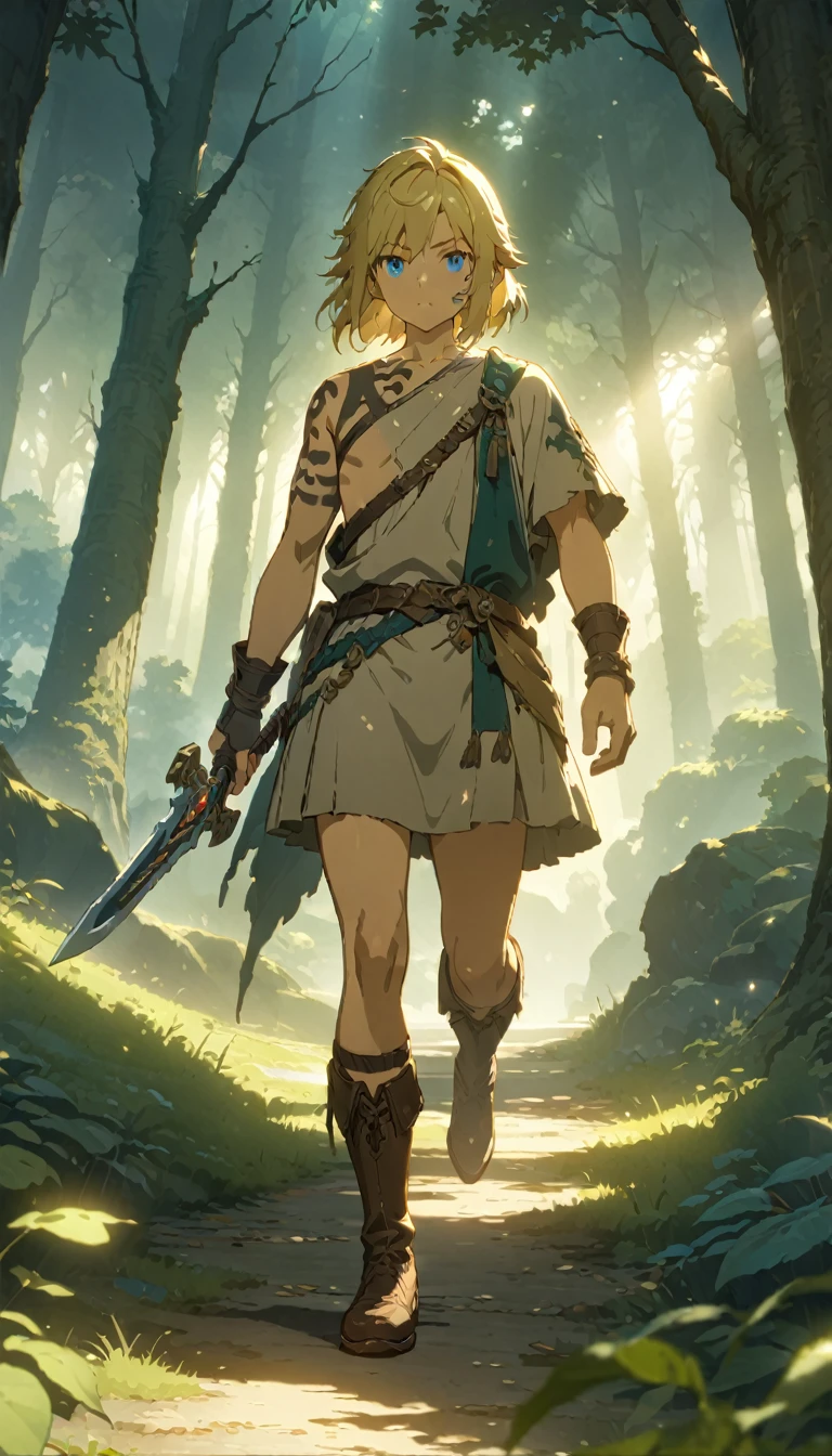 score 9, 1boy, anime artwork cartoon of 1boy like totklink wearing zonai dress, tattoo, single bare shoulder, short blond hair, holding sword, runnning, detailed blue eyes, delicate facial features, brown leather boots, standing in a lush forest landscape with towering trees, sunlight filtering through the leaves, (best quality,8k,hyper-detailed,masterpiece:1.2),cinematic lighting,fantasy,digital painting