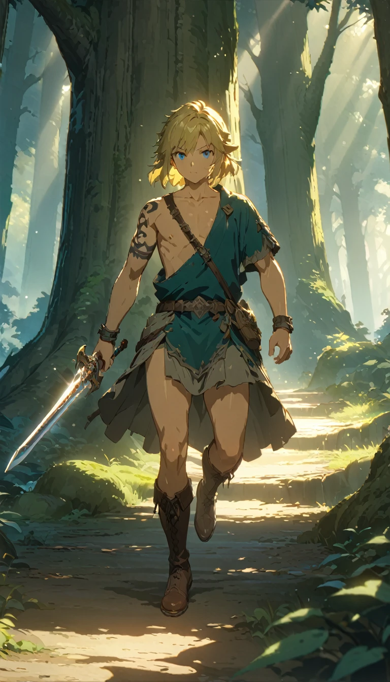 score 9, 1boy, anime artwork cartoon of 1boy like totklink wearing zonai dress, tattoo, single bare shoulder, short blond hair, holding sword, runnning, detailed blue eyes, delicate facial features, brown leather boots, standing in a lush forest landscape with towering trees, sunlight filtering through the leaves, (best quality,8k,hyper-detailed,masterpiece:1.2),cinematic lighting,fantasy,digital painting