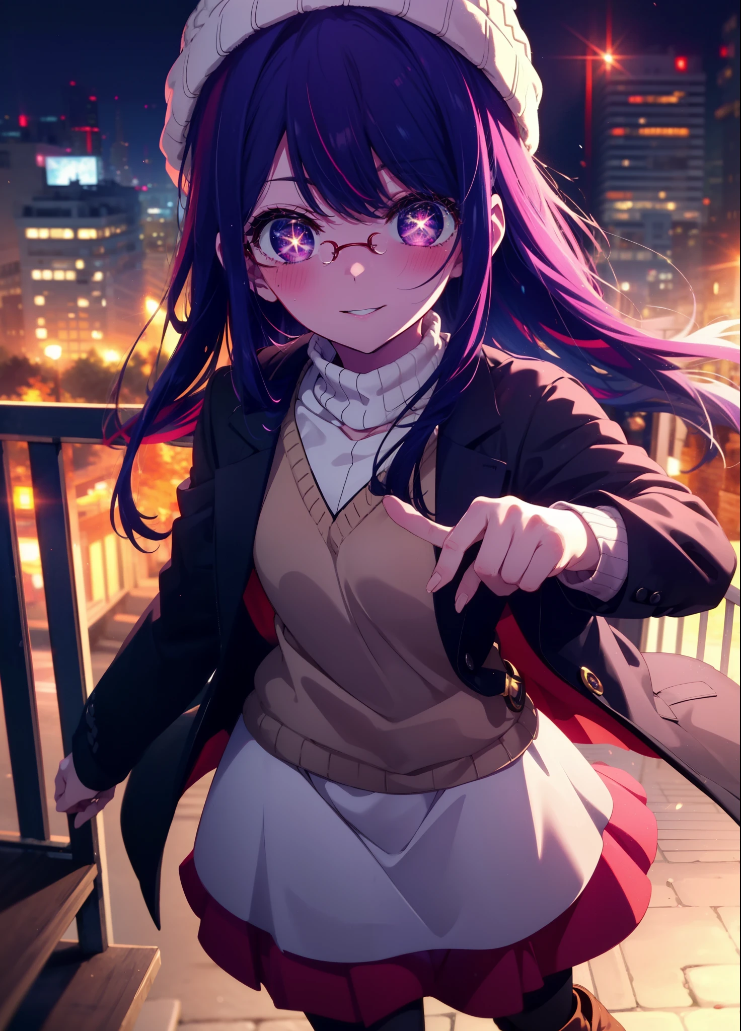 aihoshino, Ai Hoshino, Long Hair, bangs, (Purple eyes:1.1), Purple Hair, (Symbol-shaped pupil:1.5), smile,smile,blush,Open your mouth,Knitted hat,Black-rimmed glasses,Purple long coat,V-neck sweater,Long skirt,Black pantyhose,short boots,Red muffler,It&#39;s snowing,Snow is falling,Walking,whole bodyがイラストに入るように, evening,sunset,The sun is setting,
break outdoors, Building district,
break looking at viewer, whole body,
break (masterpiece:1.2), Highest quality, High resolution, unity 8k wallpaper, (figure:0.8), (Beautiful attention to detail:1.6), Highly detailed face, Perfect lighting, Highly detailed CG, (Perfect hands, Perfect Anatomy),