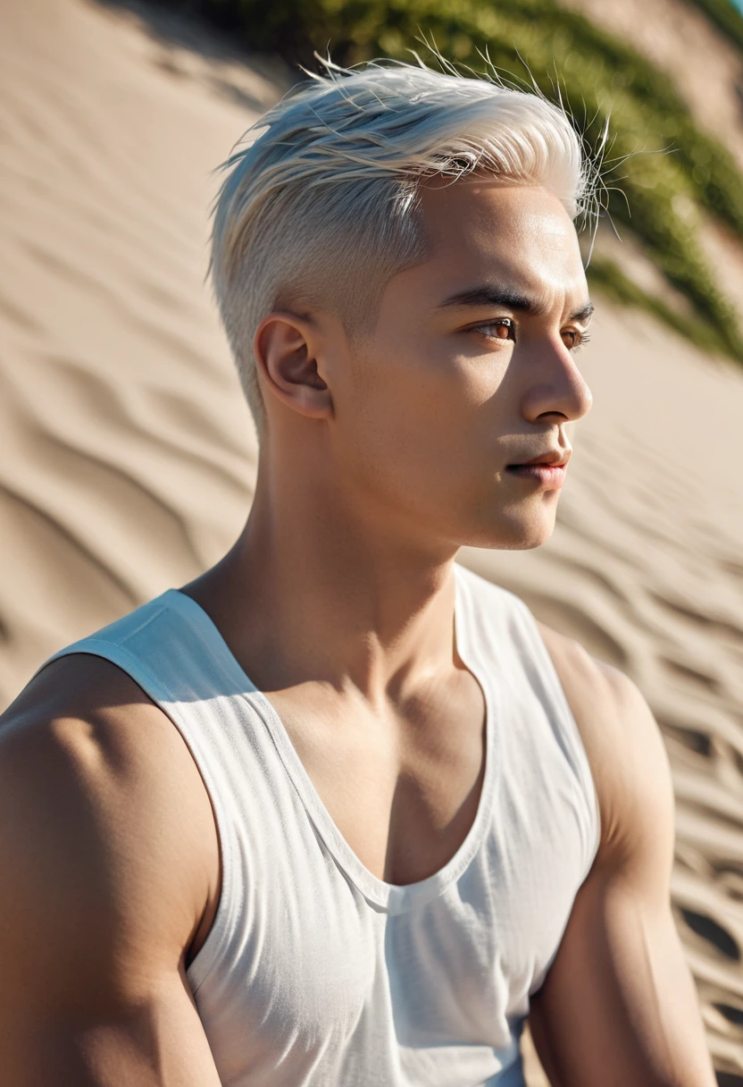 (Extremely detailed and high-quality illustrations),(Best lighting and shadow effects, Surreal), beach, Wheat skin color、Young man with short light white hair, Looking at the sea with a pensive expression,muscle