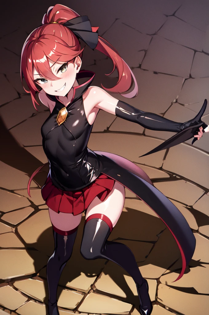 Highest quality, masterpiece, One Girl,Not beautiful, Red Ponytail, Long dress, brooch, Hair Ribbon, Black knee socks, Standing on the rubble, (Wicked Smile:1.1), ,,Dark shadowed face,Sadistic smile,Malice,Contempt,smile,latex,Bad face,,Red Skirt,two hands,two legs,five fingers,evil background,elbow gloves,latex, Wicked Smile, devilish aura (Shiny fabric:1.5),Dark world background,独奏,