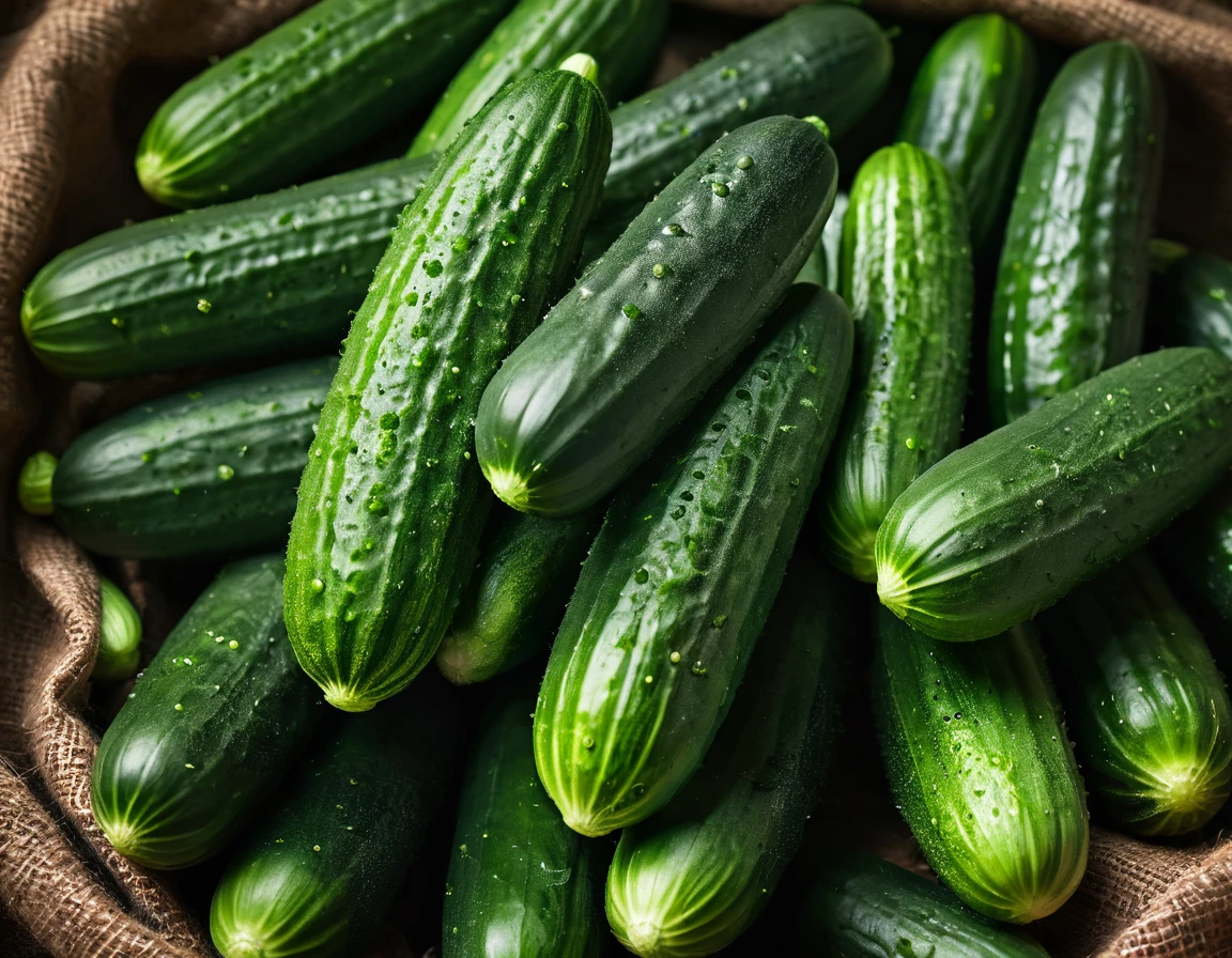 Close-up of a pile of harvested cucumbers on a brown tarpaulin, The fruit looks smooth without any other textures or formations on the surface of the fruit, cucumber, pickled, pickled, fresh, vegetable, amazing image, fruit of superior quality, abundant cucumber harvest, pickled rick, by Yasushi Sugiyama, green, lush lush fertility, by Maeda Masao, green eays, by Yi Jaegwan, green), good fruits, ((with intact stems and varying sizes)), professional photography with excellent lighting, Bright colors, Clean lines, --ar16 :9, ( masterpiece:1.2), (best quality), (highly detailed), (8k, 4k, intricate),(highly detailed:1.2), (detailed background), detailed landscape, ((portrait)), style food, food, blur, cup, depth of field, table, food focus, Canon EOS 250D, 128K UHDR Best Quality, (masterpiece:1.2), (best quality), very detailed), focus, (8k, 4k, complex), (highly detailed:1.2), (detailed background), detailed landscape, dramatic light, Rembrandt lighting scheme, (hyperrealism:1.2), (8K UHD: 1.2), (photorealistic:1.2), shot from above