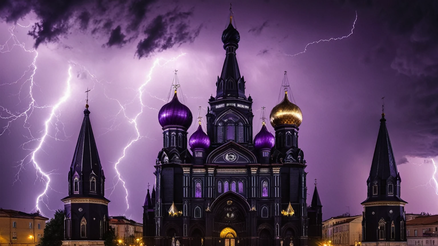 darkest atmosphere, dark purple & black storm clouds during the night, darkness, lightning, panoramic façade of a black cathedral with purple onion domes, background