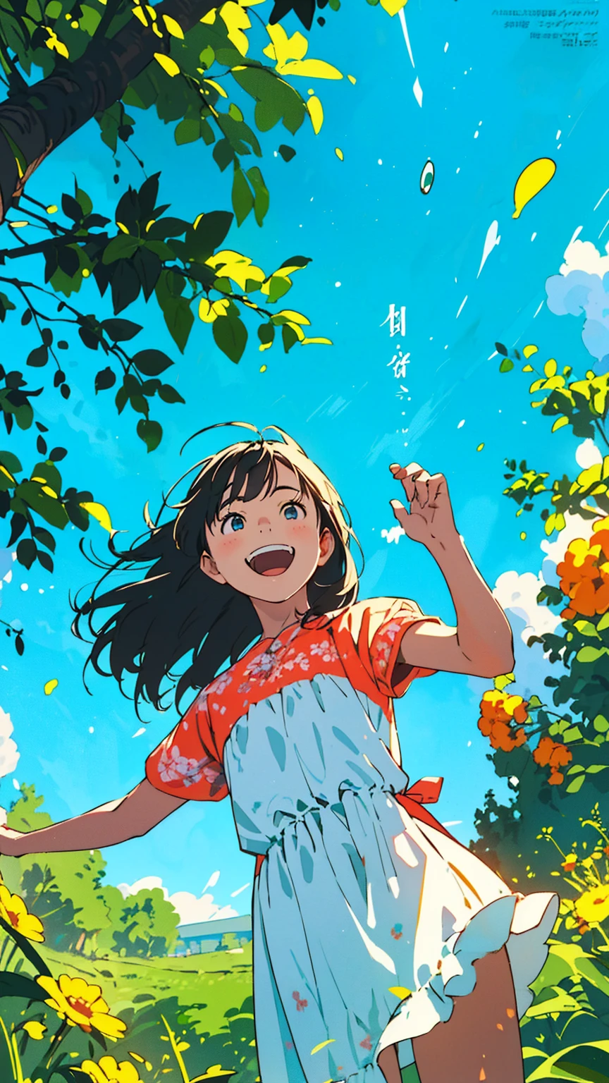 Reasonable design, Clear lines, High Sharpness, (Highest quality,8K,Perfect sharpness,Ultra fine,High resolution,masterpiece:1.2), Perfect Anatomy:1.5, Official Art, Illustrations that tell a story, (Whitish background:0. 9)、Body Positivity、多Mr.な身体表現、(Random and energetic poses)、Perfect beauty、Perfect beautiful face、Strong winds、A rich expression、Dynamic composition、smile、Golden ratio composition、colorful、((Mr.々Different angles and perspectives))、Anime Art、(Mini dress)、(Overcoming stereotypes)、 Glowing Skin、(Natural beauty)、smile、Bangs、(Soft and flowing hair)、(countryside)、(Nostalgic atmosphere)、Put it up to your thighs、(Playful and carefree)、(多Mr.な民族のキャラクター)、(innocent attitude)、(Sunny atmosphere)、(The skirt flutters wildly in the wind)、(Bright colors)、Beautiful Eyes、(Embarrassing)、Braided Hair、Summer Scene、Smiling among flowers、Angle from below、